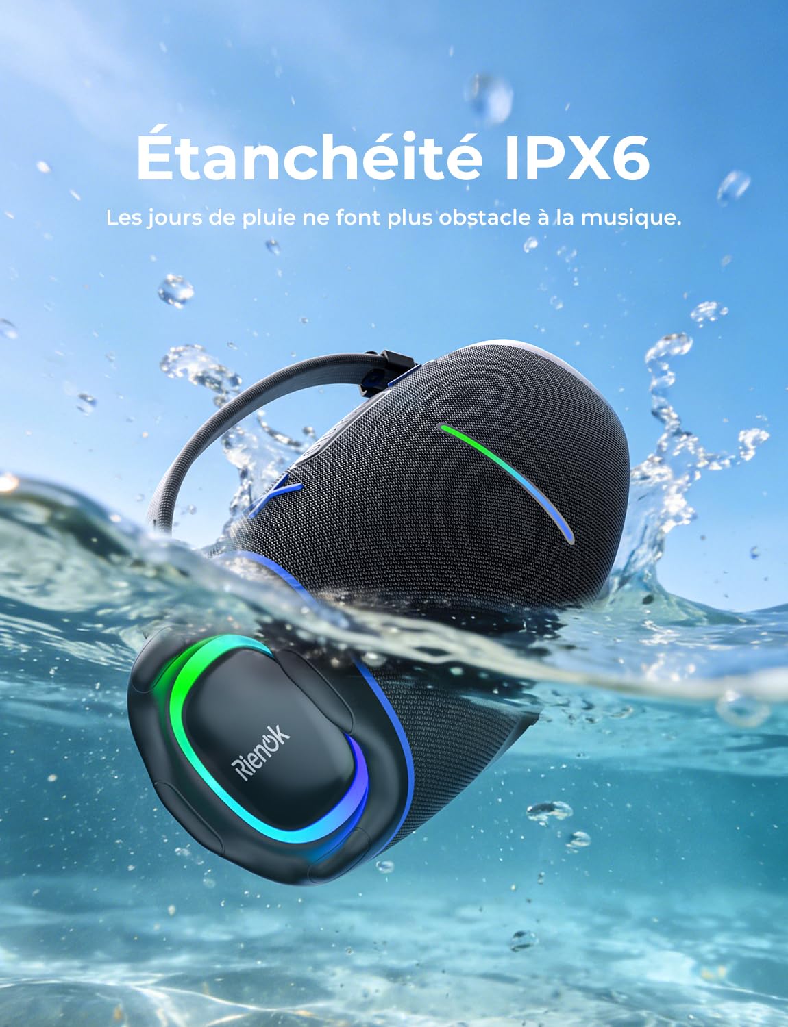 RIENOK Enceinte Bluetooth, 100 W Enceinte Puissante, 2 Tweeters et 2 Woofers, 5200 mAh Haut Parleur Bluetooth 5.3, 30H, IPX6, 128Go, Port Clé USB, AUX et TF Carte, pour Fêtes Soirées Voyage Extérieur