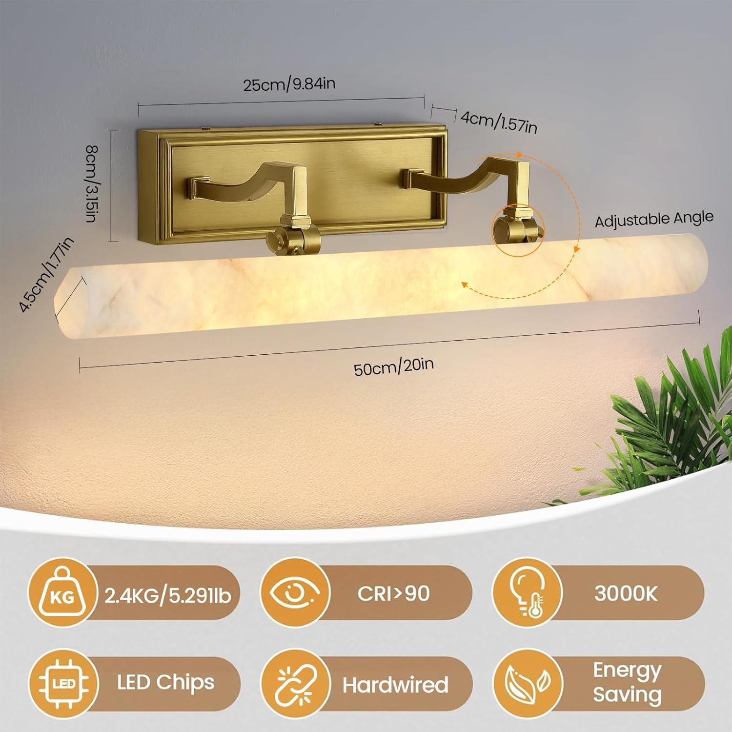 20in Alabaster Picture Light for Wall Art, Brushed Gold Art Display Light, Natural Marble Bathroom Vanity Lights, Modern Dimmable Brass Hardwired Picture Frame Light for Paintings, Poster, Library