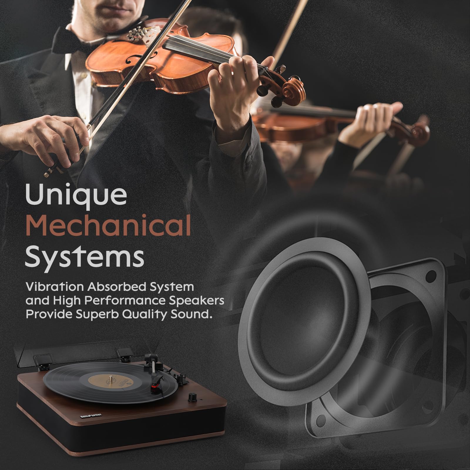 Giradischi, Giradischi Bluetooth Ingresso e Uscita con Altoparlanti Integrati, Radio FM, Registrazione Vinile-MP3, Riproduzione USB e SD, Schermo LED, Noce