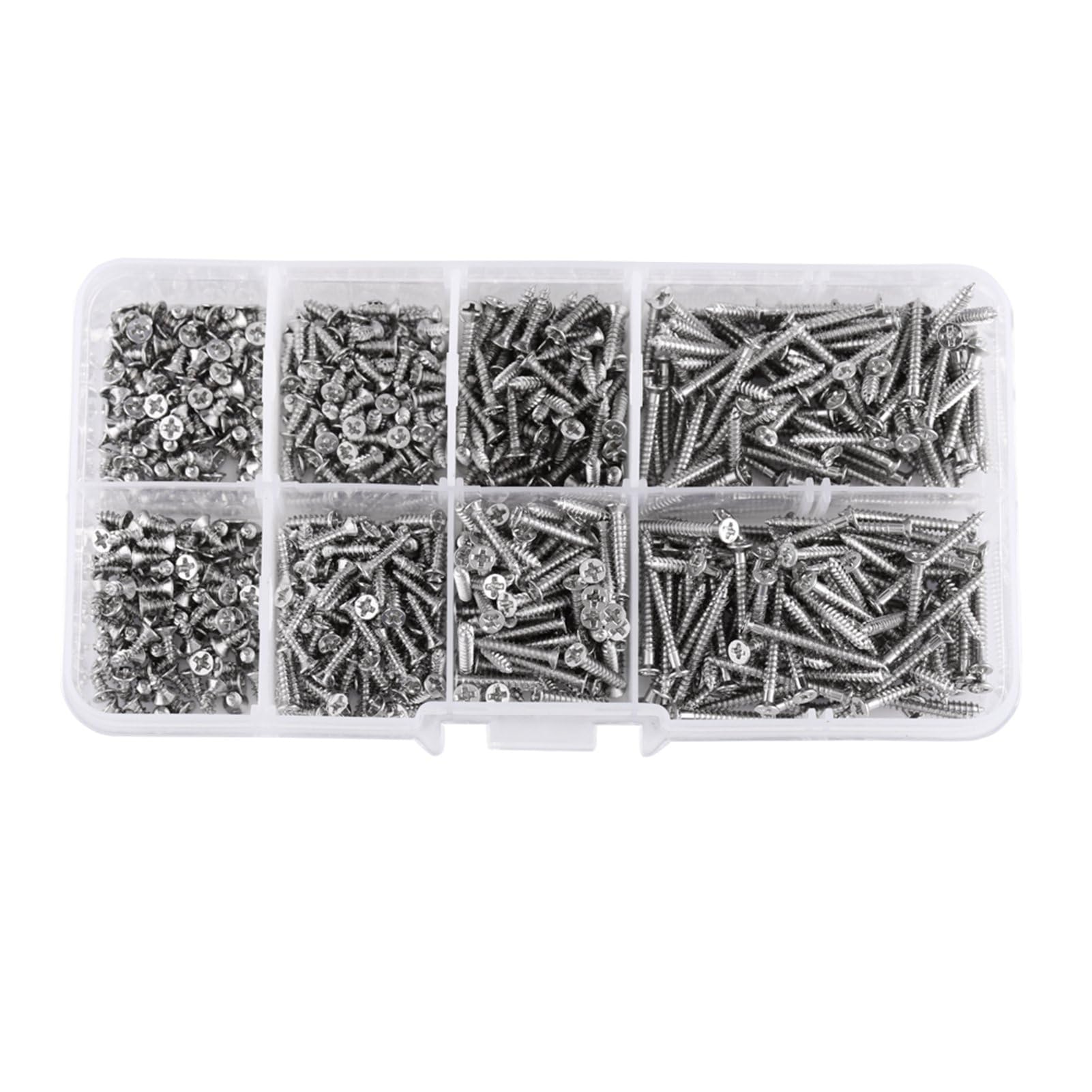 Hilitand Silver 800Pcs M2 Cross Flat Head Screws, 4Mm-20Mm(8 Sizes) Length Nickle-Plated Carbon Steel Self-Tapping Screws Woodworking Screws Fasteners Assortment Kit With Storage Box