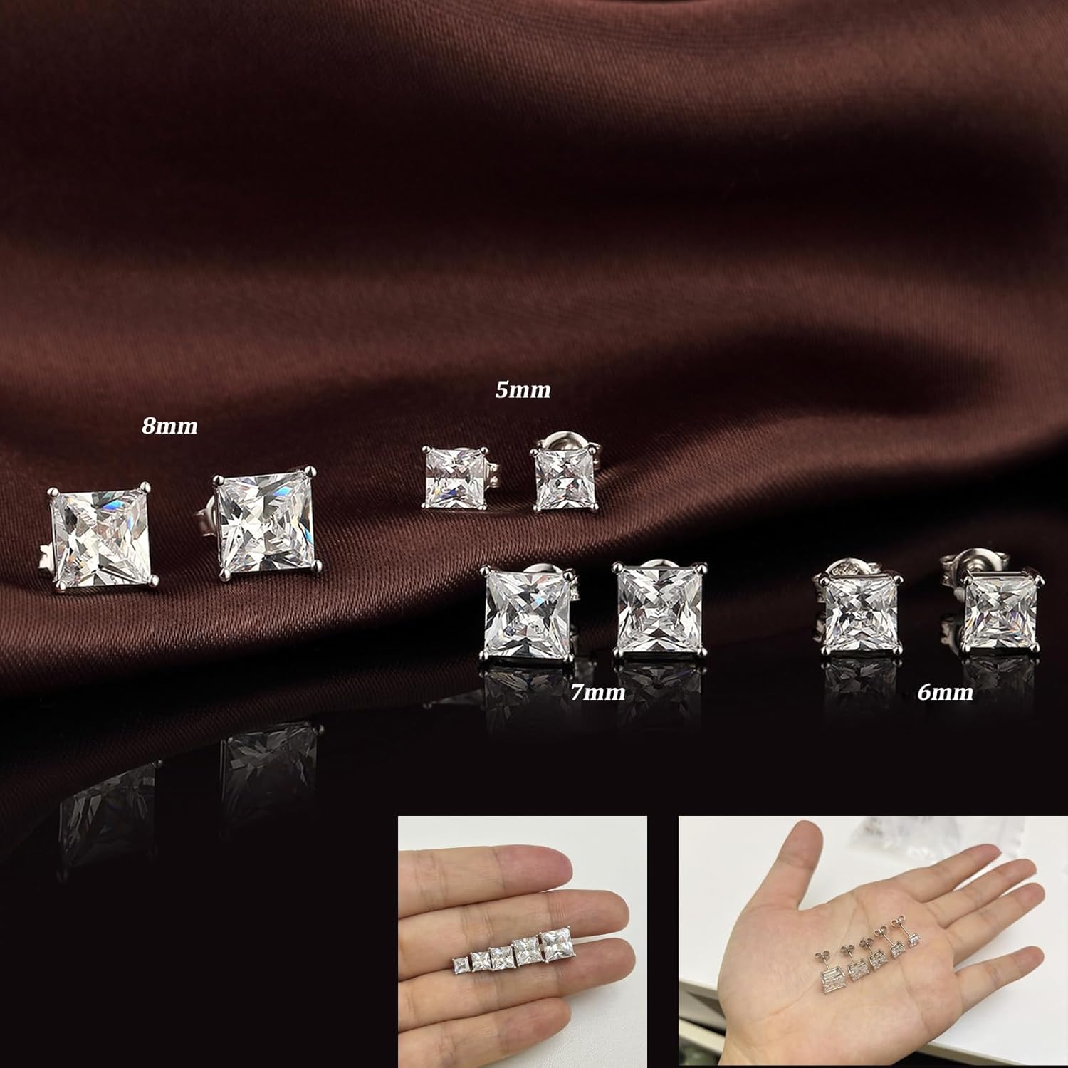 Sparkling Square Stud Earrings 925 Sterling Silver Cubic Zirconia Stud Earrings Hypoallergenic Earrings for Women/Men 4MM-8MM - Image 8