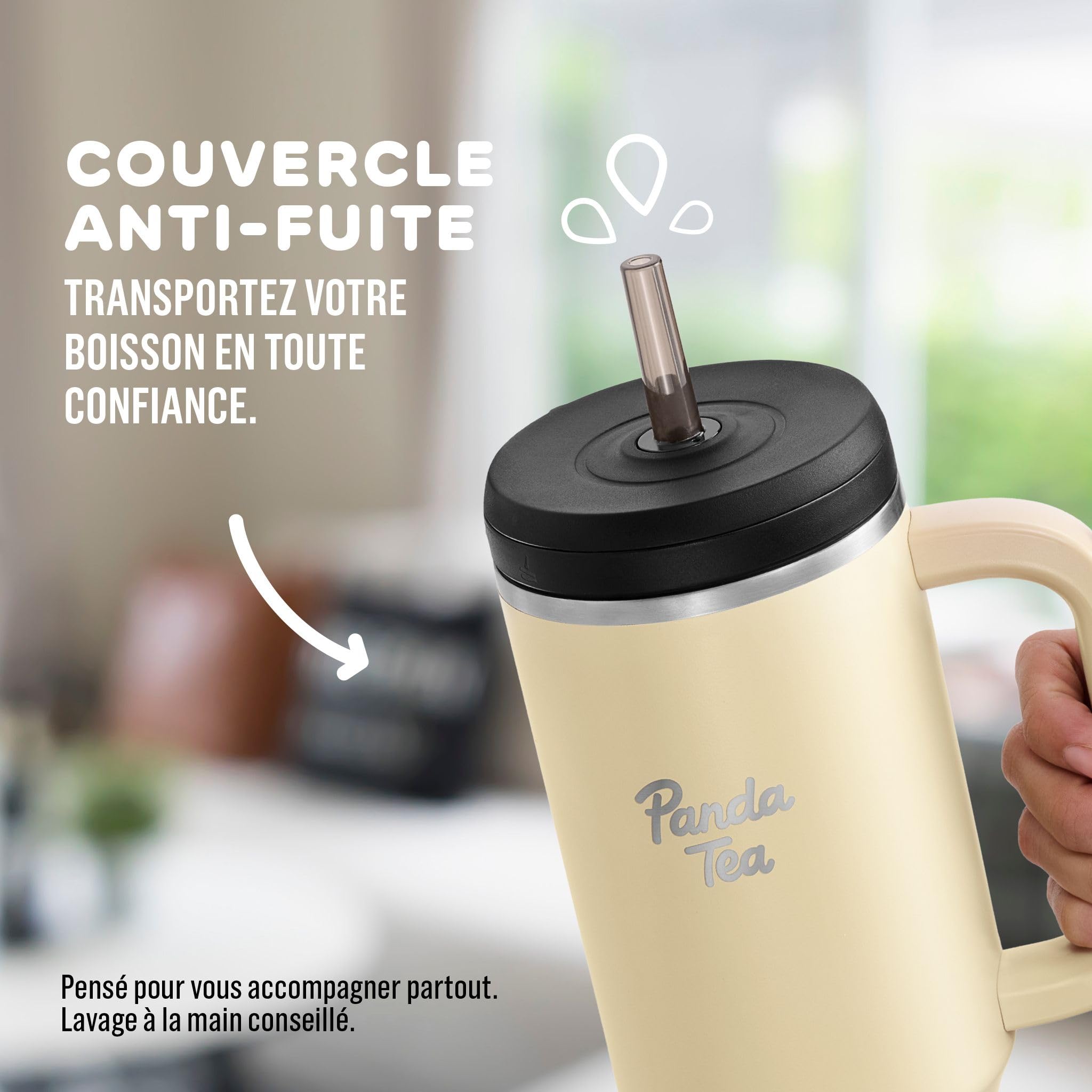 Panda Tea - Mug XXL avec Paille - 1180 mL - Bleu - Gourde Inox isotherme avec Paille – Boissons Chaudes & Froides - Bouteille Double Paroi – Gourde Grande Capacité