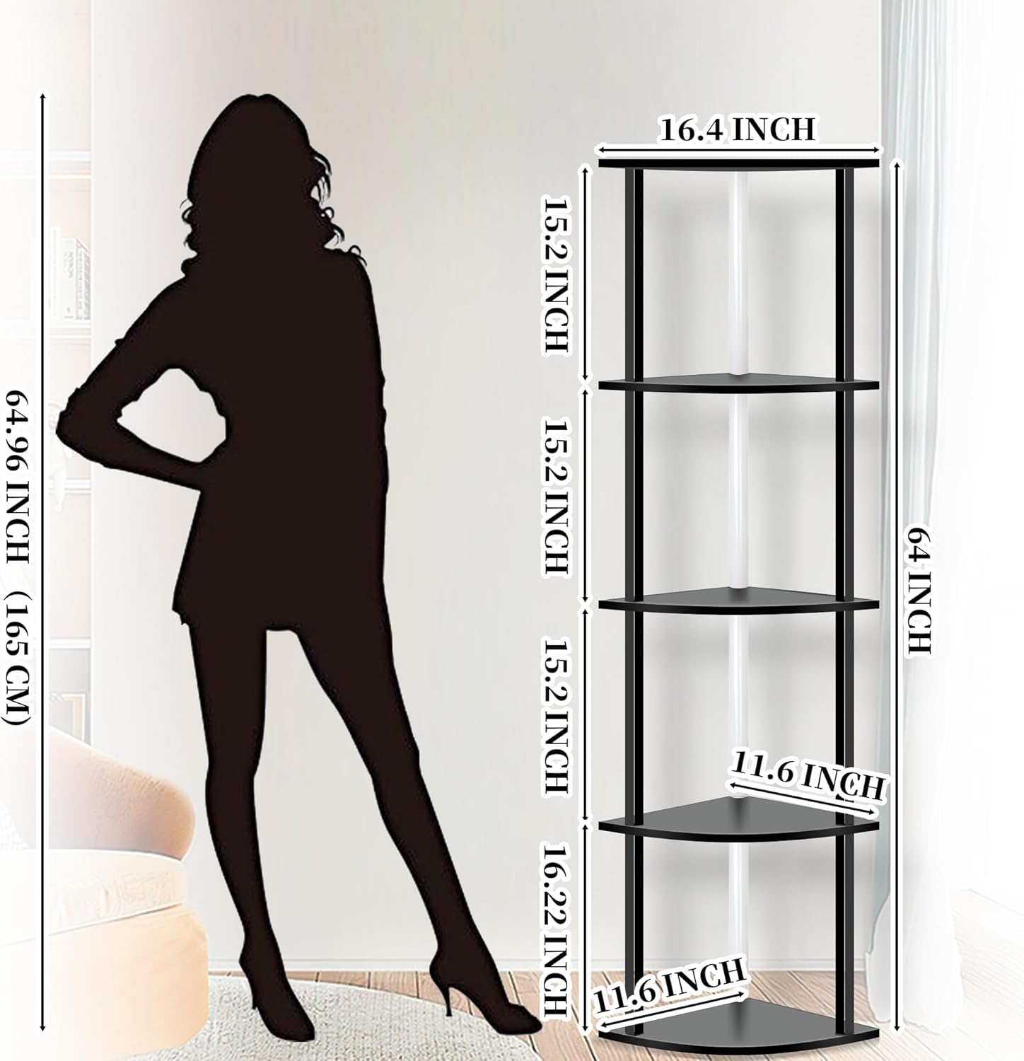 5 Tiers LED Corner Shelf ,65" Stand Floor Lamps for Collectibles , Corner Bookshelf Cabinet Display Shelves with Multiple Color Lights via APP and Remote Control for Living Room Bedroom Home