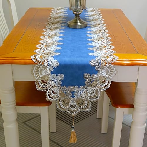 Miniatura 3 de Hsvanyr Bufanda de tocador para corredores y tops para comedor, de 15 x 47 pulgadas con borlas, mantel largo azul elegante para decoración rústica