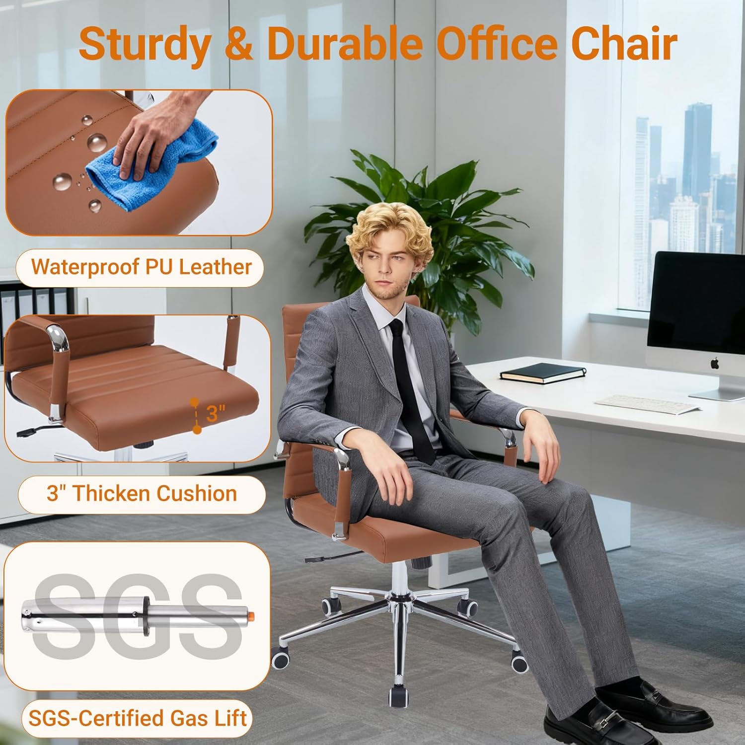 Sidanli Office Desk Chairs with Wheels, Executive Swivel Rolling Faux Leather Computer Chair with Comfortable Lumbar Support for Home Office(Mid Back, Brown)