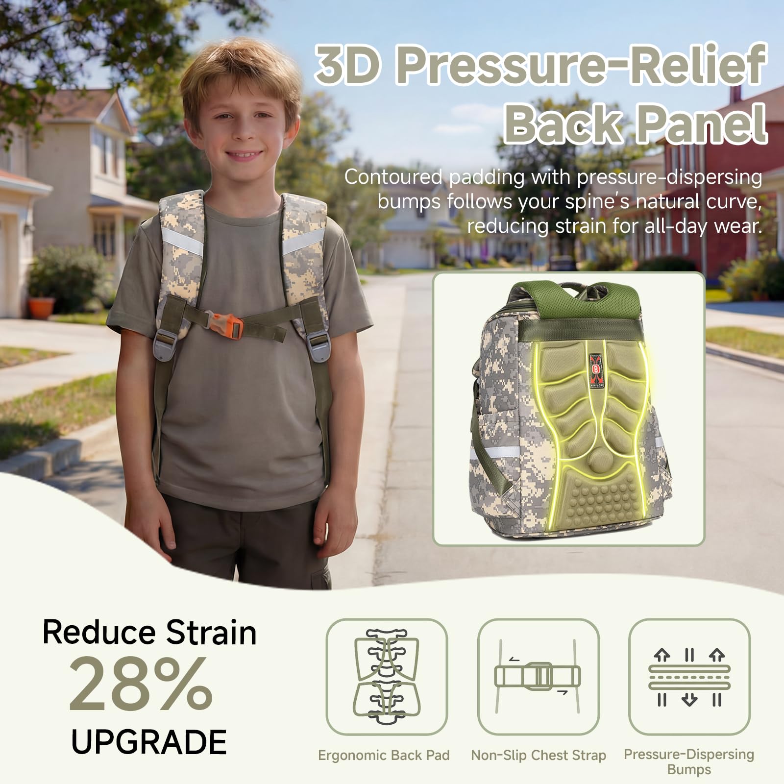 Amythe Sac à Dos Garçon Camouflage, Cartable Primaire pour Classes 1 à 6, Sac à Dos Ergonomique avec Ceinture Poitrine et Bandes Réfléchissantes, Sac Scolaire Étanche pour l’École, Camouflage Gris