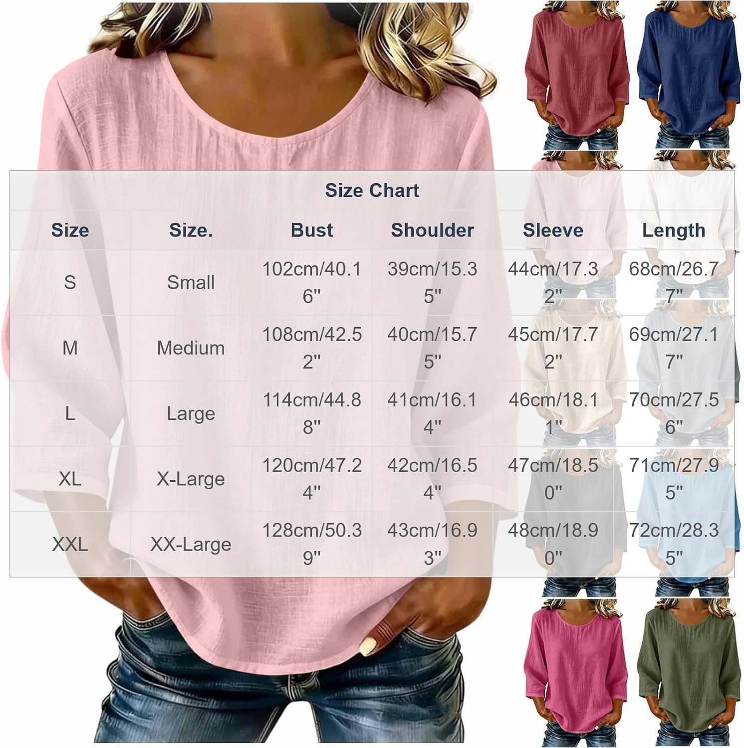 Women's Crew Neck Pleated Top, 3/4 Sleeve Loose Curved Hem Pullover Blouse Spring Summer Fall Commuting Outfit