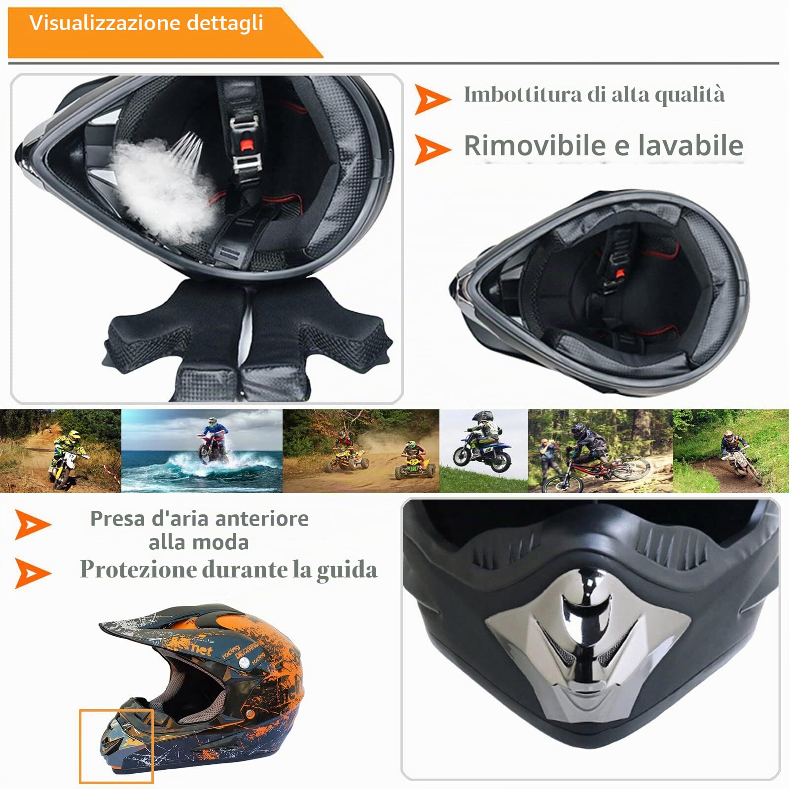 Casco da Motocross Integrale per Adulti e Bambini - Con Occhiali, Guanti, Face Mask, Rete - Per ATV MX Quad Bike Go-Kart - Calotta in ABS - Orange-L