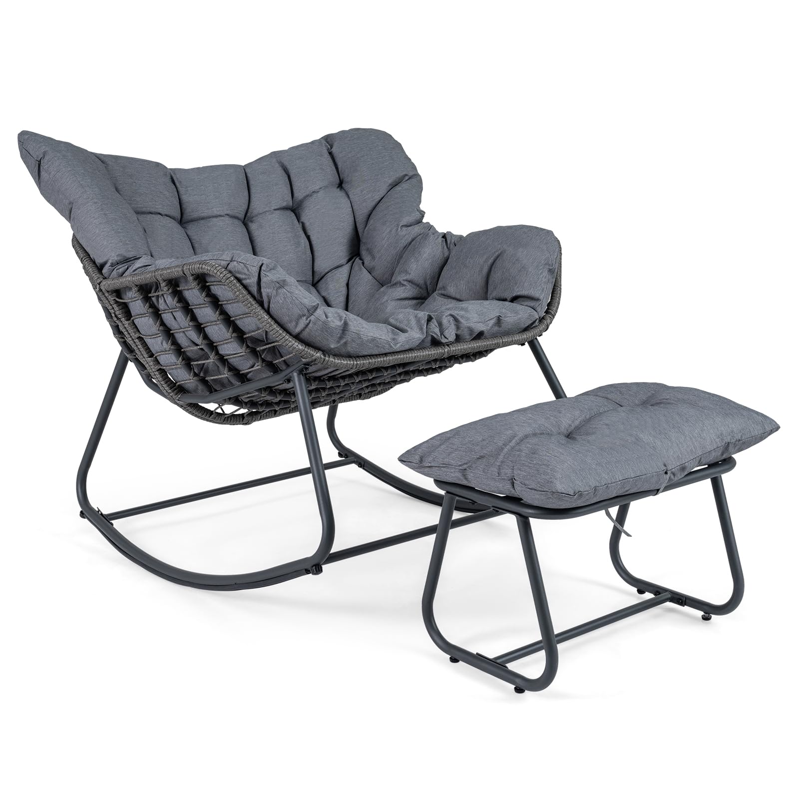 COSTWAY Schaukelstuhl mit Hocker, übergroßer Schaukelsessel mit dickem & abnehmbarem Kissen, Relaxsessel bis 150 kg belastbar, für Balkon, Garten und Wohnzimmer (Grau)