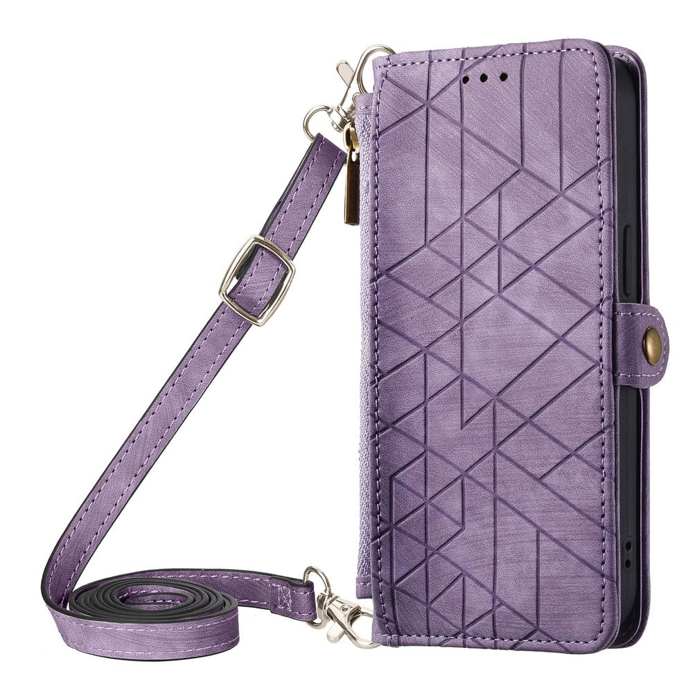Funda de Cuero con Cremallera Cruzada para Samsung Galaxy S23 FE S22 Ultra S21 Plus A25 A54 A14 A34 A24 A23 A73 A52, Funda con cordón, Color Morado, para A13 4G