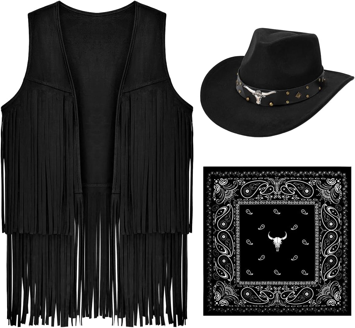 Cowboy Outfits for Women 3PCs Cowgirl Costume Western Rodeo Costume Fringe Vest Hat Bandana Set for Themed Party