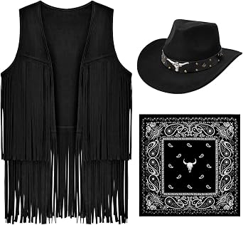 Cowboy Outfits for Women 3PCs Cowgirl Costume Western Rodeo Costume Fringe Vest Hat Bandana Set for Themed Party