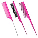 Patelai 3-Piece Styling Comb Set: Fluffy Brush, Rat Tail Comb, and Triple Back Combing Comb for Women (Rose Red)
