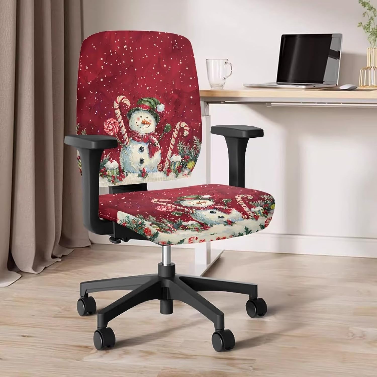 GLENLCWE Christmas Snowman Print Computer Chair Covers Set of 2 Stretchable Cloth Office Chair Covers Universal Desk Rotating Chairs Slipcover Non Slip Christmas Decorations