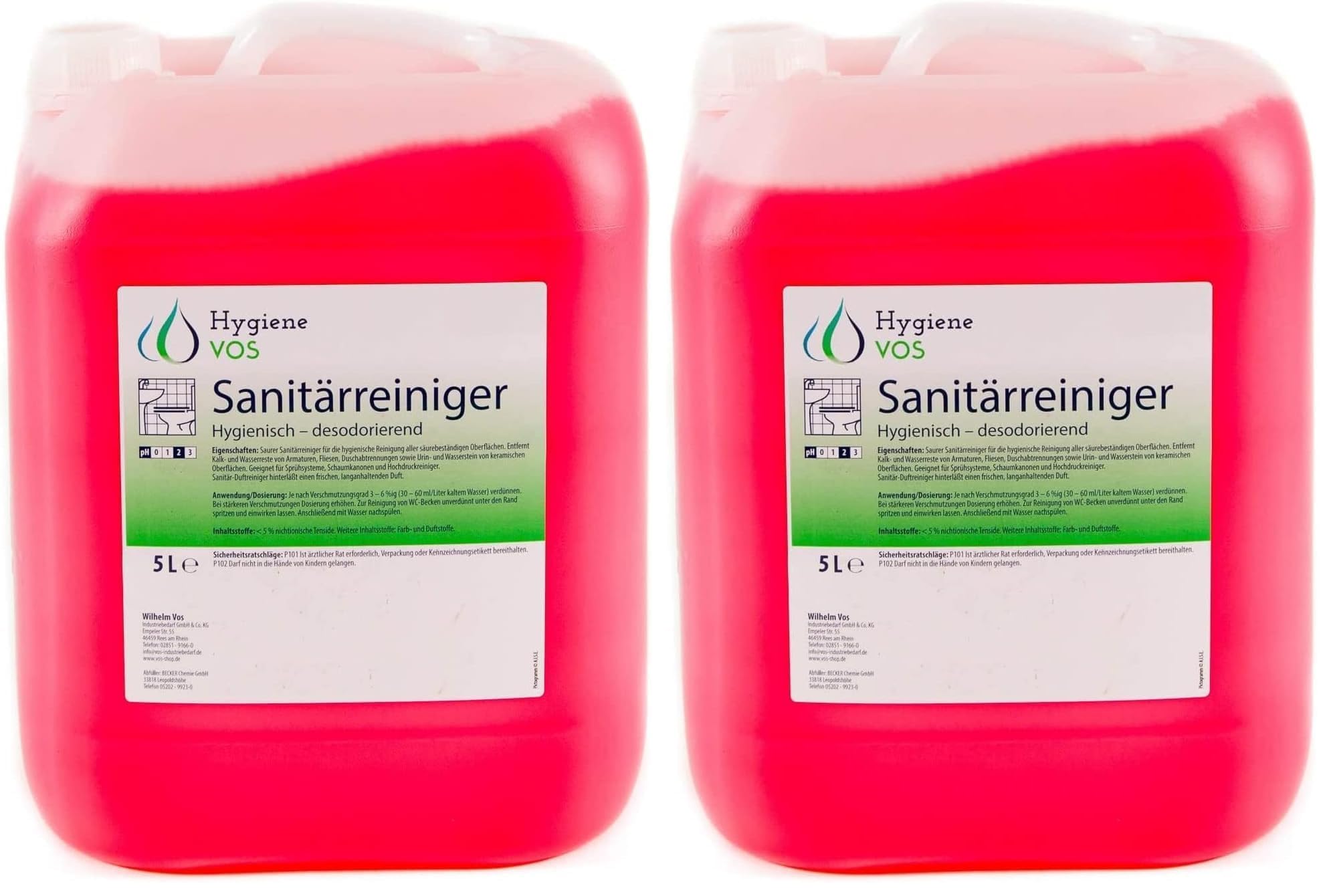 Hygiene Vos Sanitärreiniger 5 Liter. Entfernt Kalk von Armaturen, Fliesen, Duschabtrennungen sowie Urinstein und Wasserstein. Geeignet für Hochdruckreiniger (Packung mit 2)