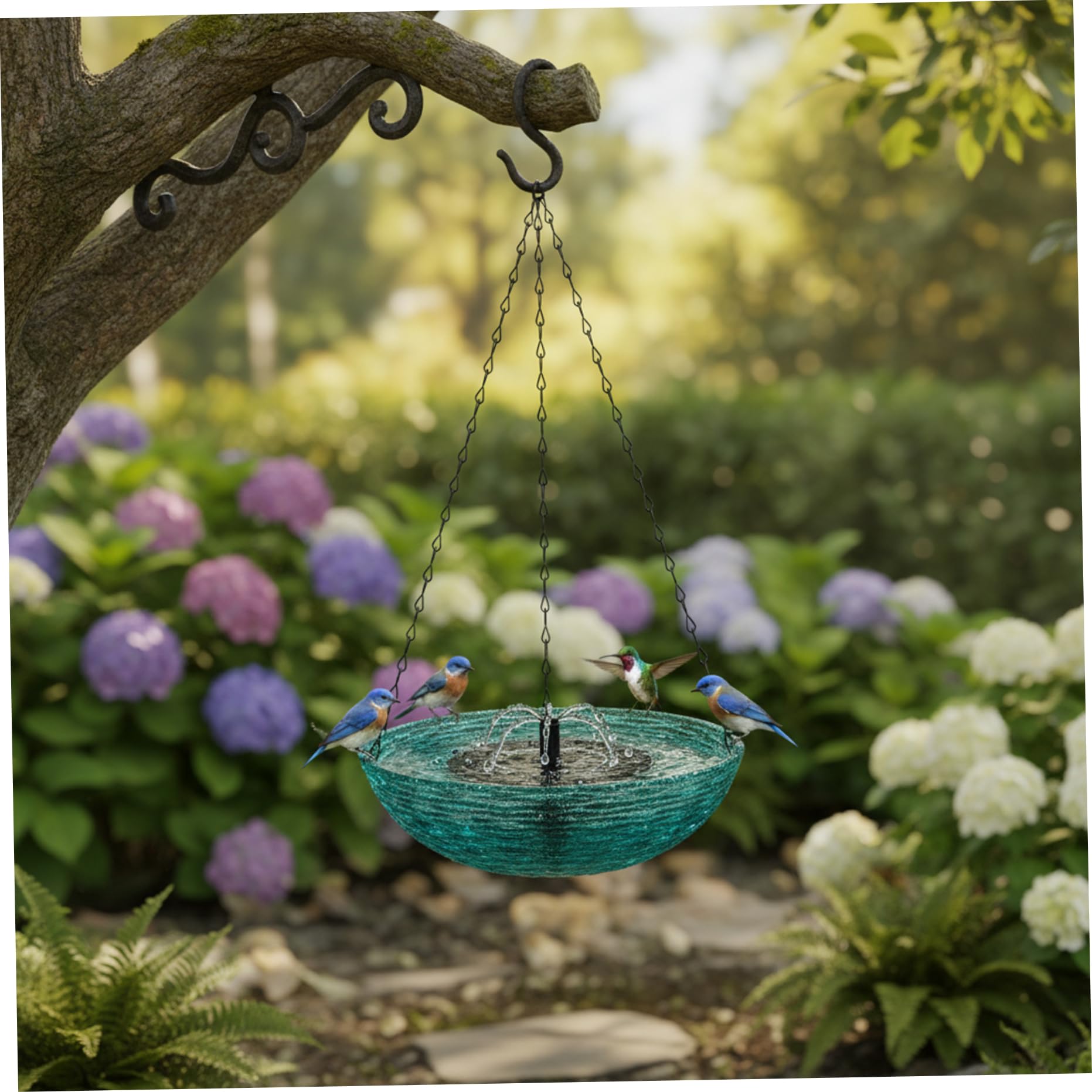 Bain d'oiseaux suspendu solaire bleu de 9x22 pouces pour le jardin