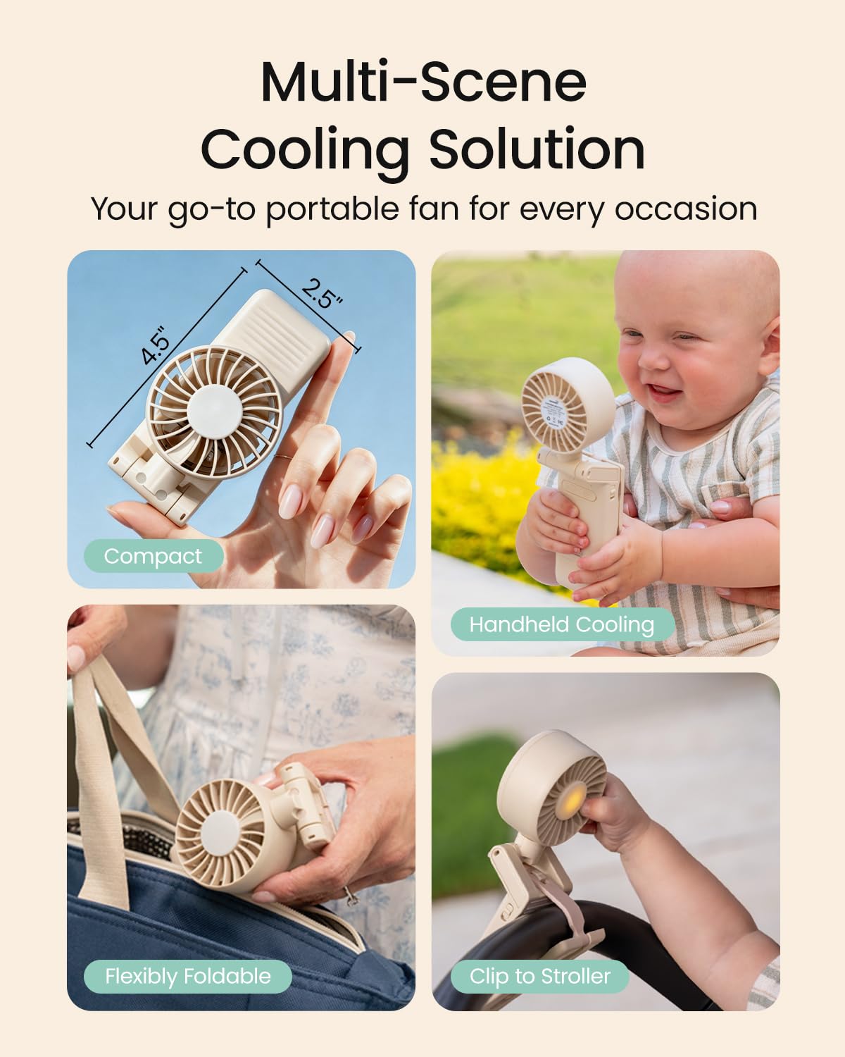 GROWNSY Ventilateur portable pour poussette | Ventilateur pliable à clipser pour bébé (kaki)