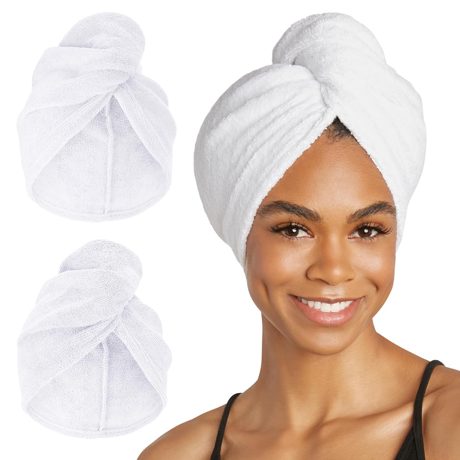 2-Pack Extra Long Microfiber Hair Towel for Beauty, Travel, Gifting - Hair Wrap Turban for Long & Thick Hair - Premium Personal Care - White & White