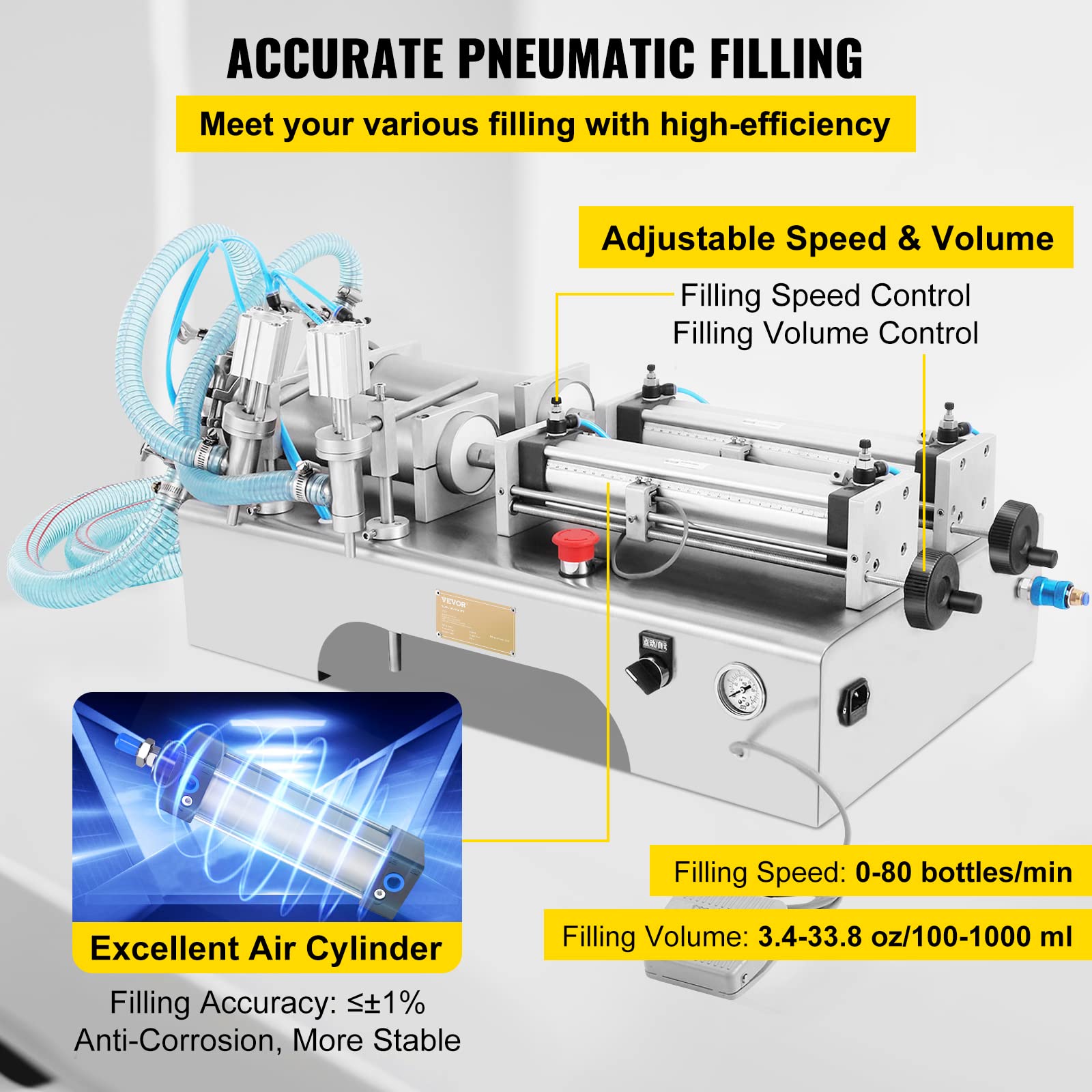 VEVOR Macchina di Rifornimento Liquida 100-1000ML Riempitrice Liquida Orizzontale a Doppia Testa Riempitrice Pneumatica Elettrica a Liquido per Profumo Acqua di Bevanda Latte Olio d'Oliva