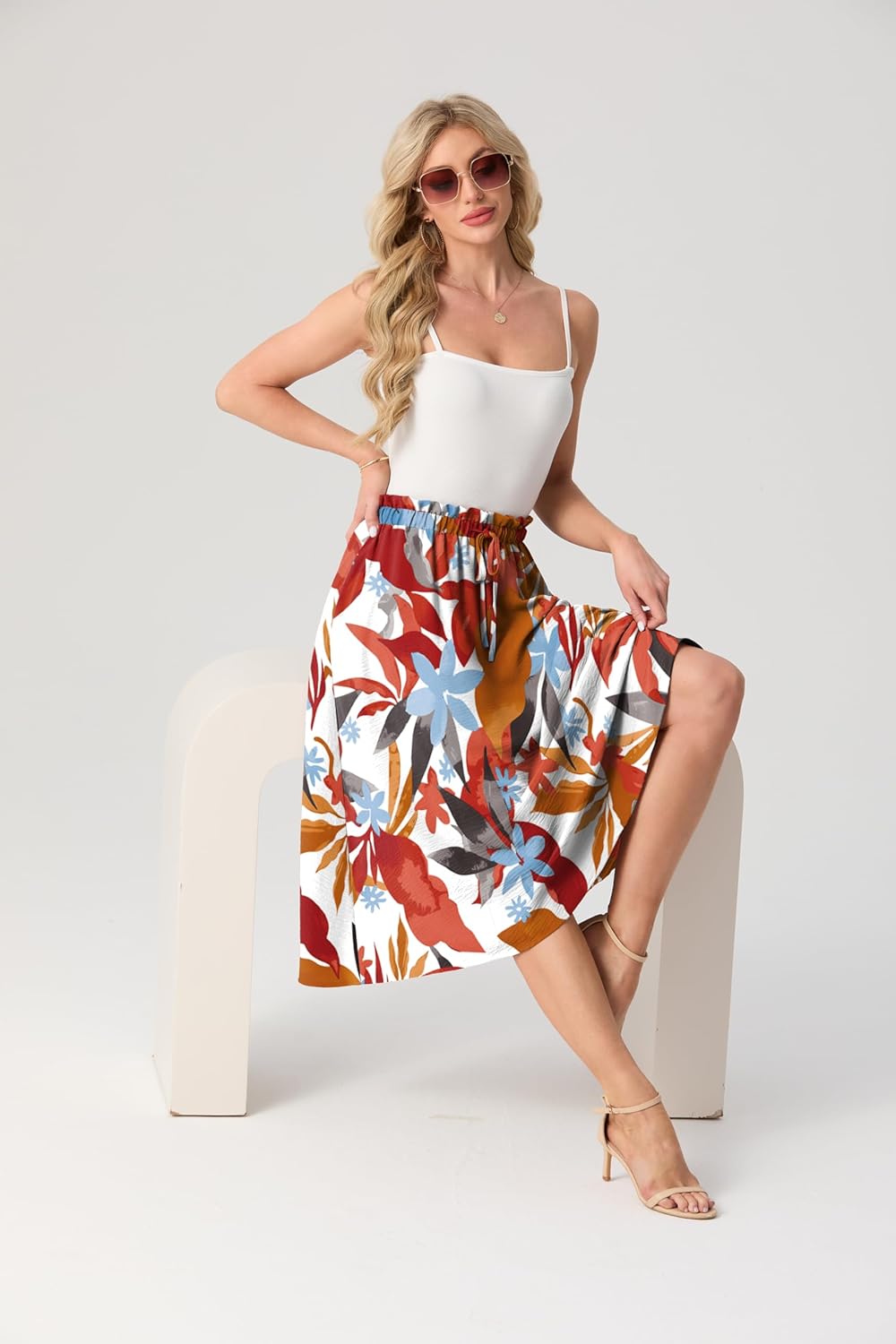 High Waist Skirts for Women Below Knee Casual Flowy Summer Midi Skirts Palazzo A-Line Long Skirt with Pockets - Image 5