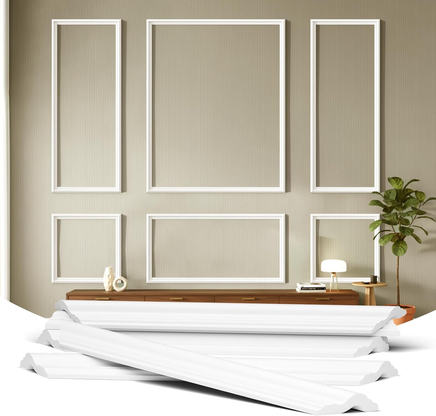 TONGMO 6-Frame Premade Accent Wall Molding Kit, Ready-to-Assemble Wainscoting Panels, Pre-Cut Chair Rail Moulding Trim for Home Décor (6-Frame Style 1)