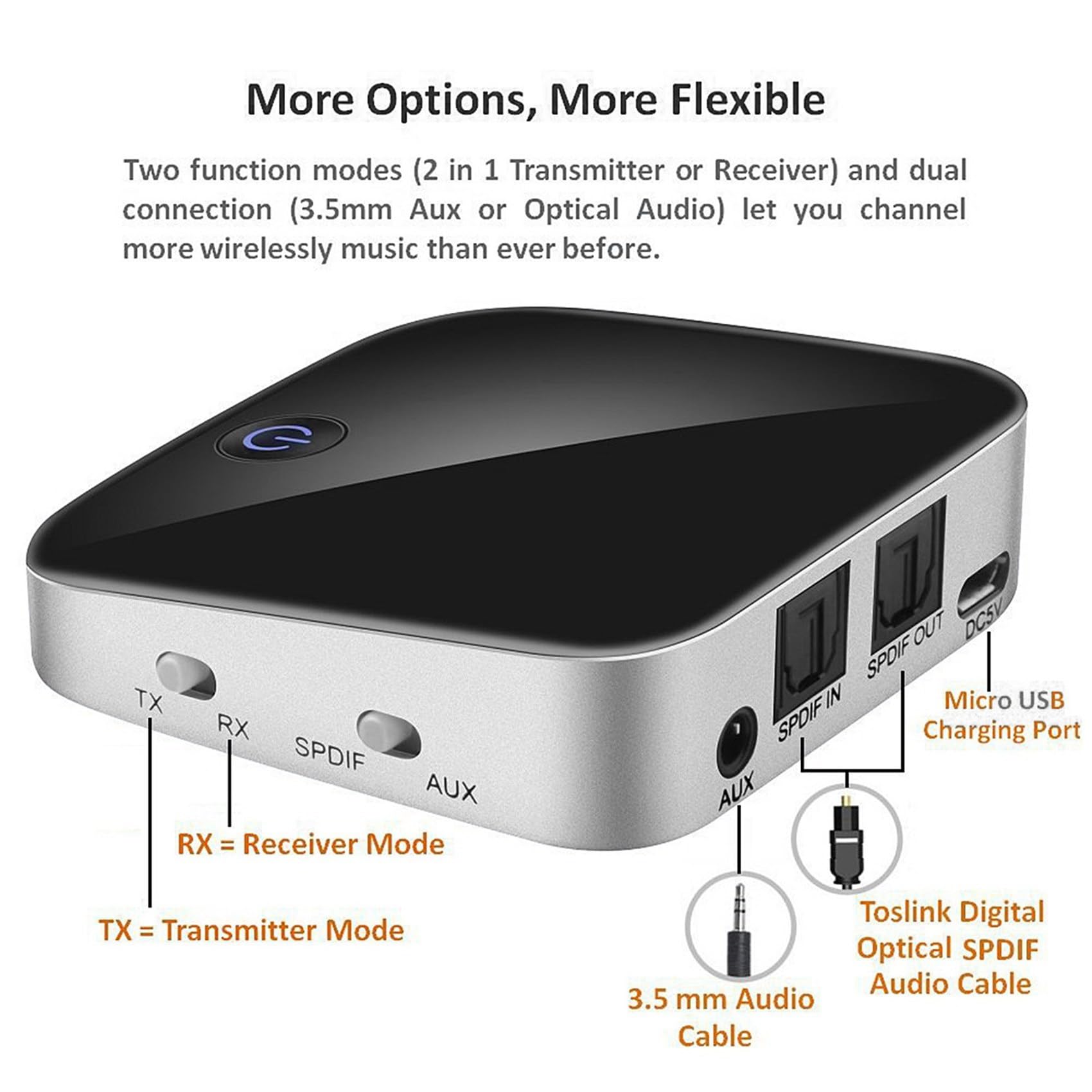 5X -029 Adaptador Bluetooth 5.0 2 en 1 Transmisor Bluetooth 3.5mm AUX SPDIF Receptor Audio para Auriculares Altavoz
