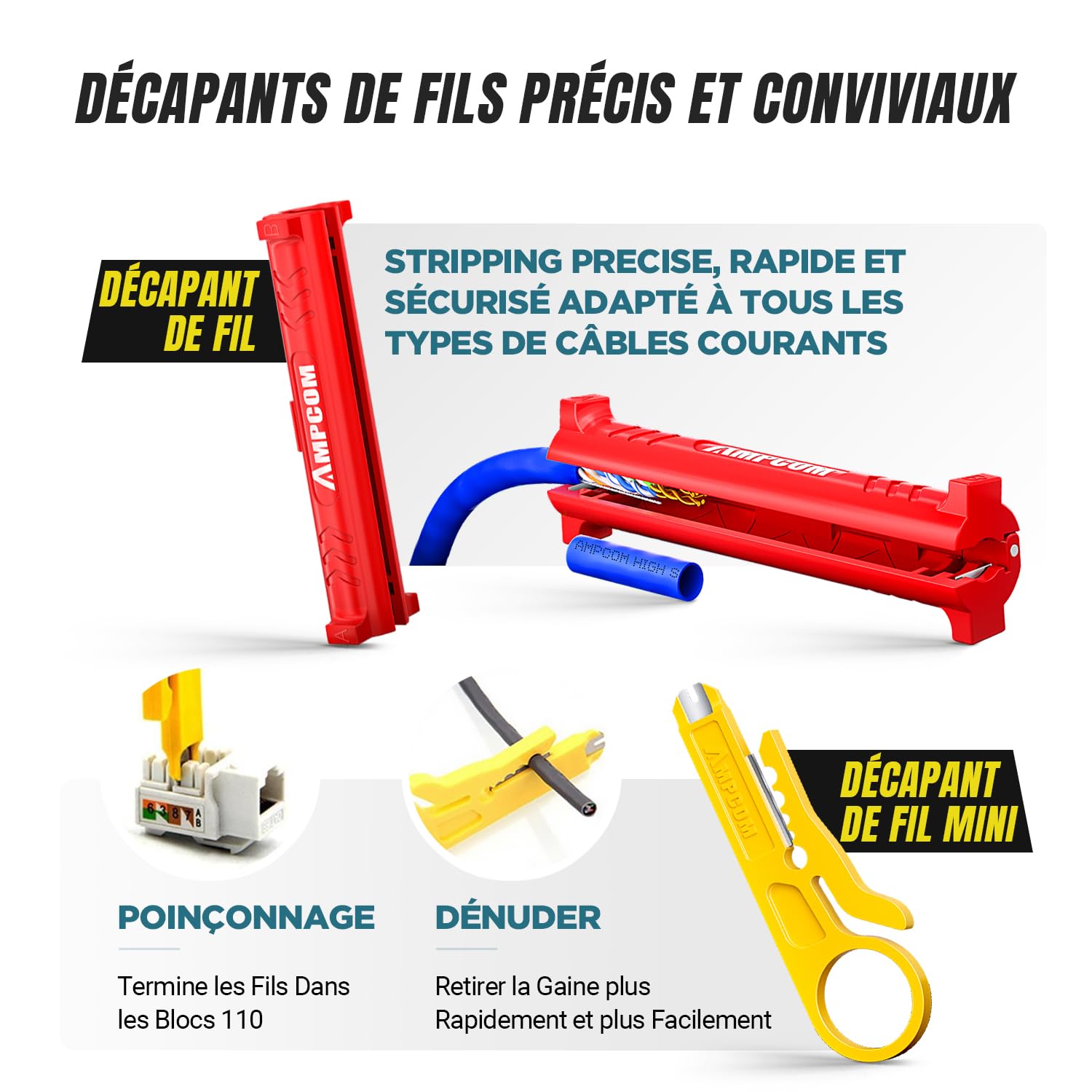 AMPCOM Kit d'outils de sertissage Ethernet 7 en 1 RJ45/RJ11 Kit d'outils réseau pour connecteurs RJ45 Cat6/Cat5e/Cat5 avec outil de poinçonnage 110, dénudeur de fil dans un sac étanche portable