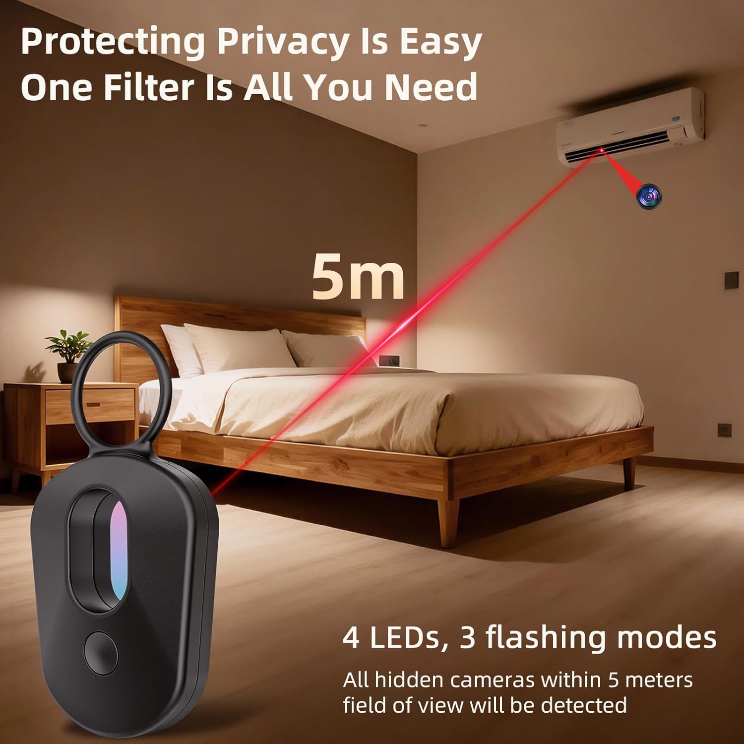 Hidden Camera Detector 2026 Upgraded, Anti Spy Camera Finder Hidden Devices Detector Privacy Pen Camera Scanner with 720H Battery Life & 3 Working Modes for Travel Hotel Home Bathroom Office (Black) - Image 3
