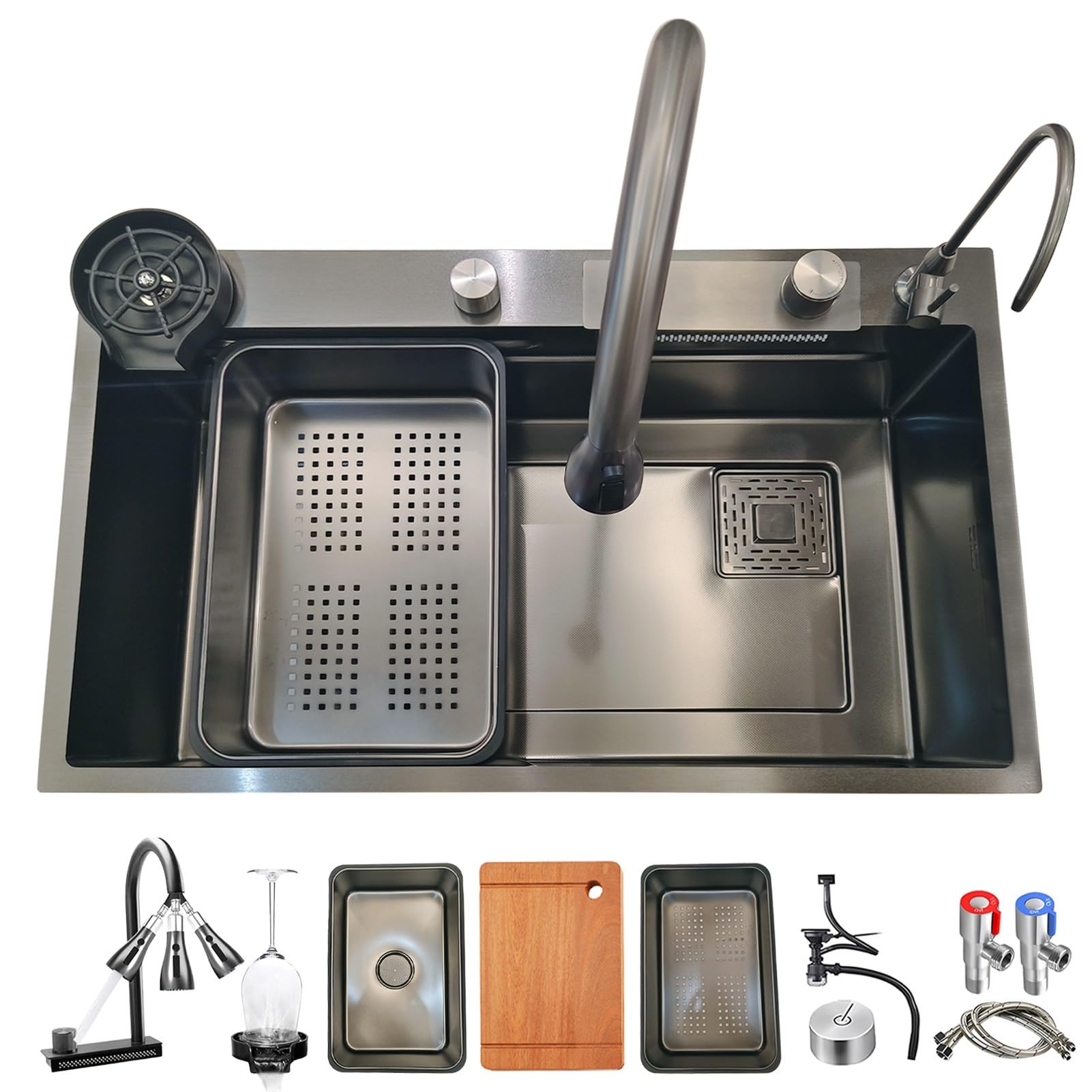 HYSOPSPX Single Bowl Sink Stainless Steel, Waterfall Workstation Kitchen Sink, Home Utility Multifunctional Farmhouse(Black,68x45cm)