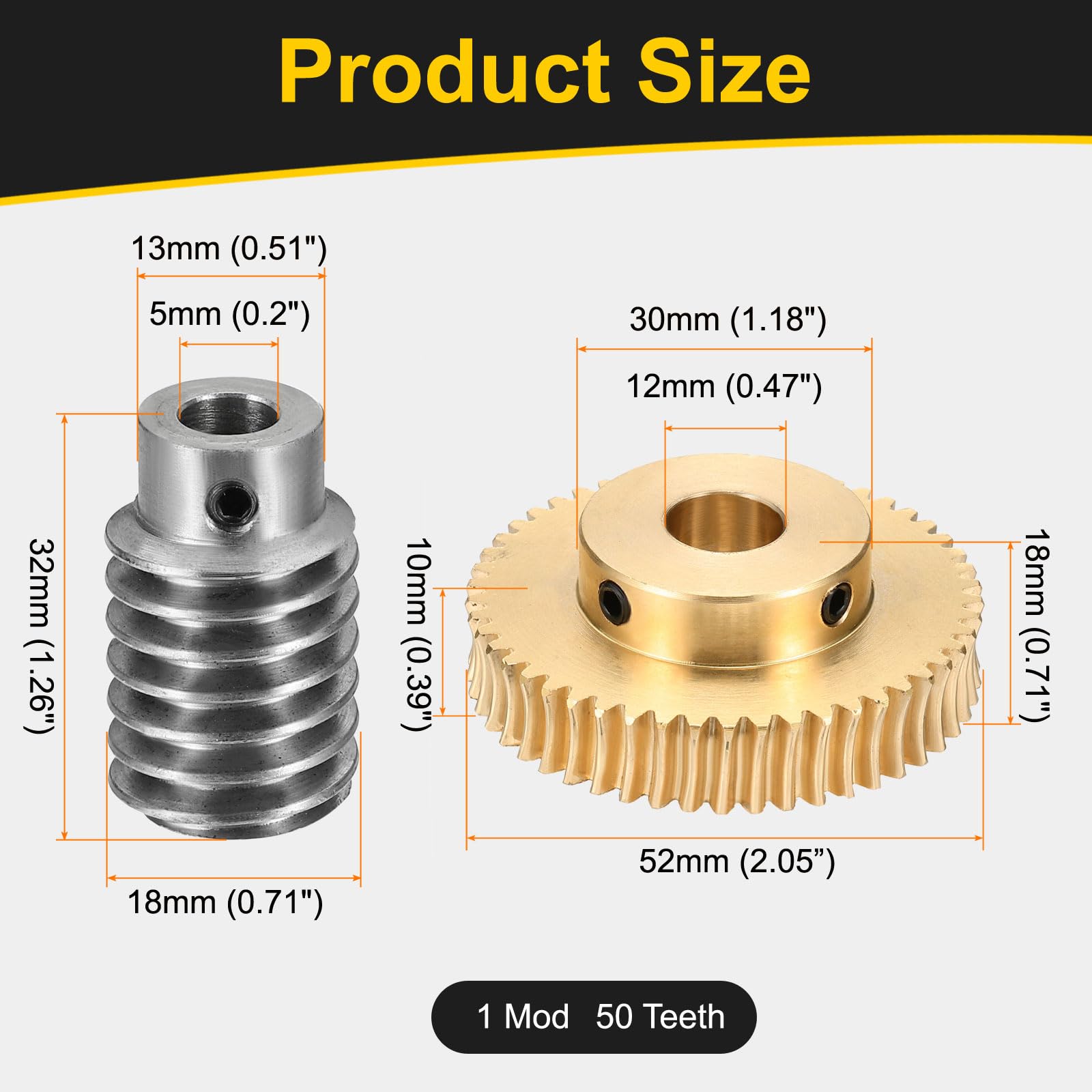 QUARKZMAN Ingranaggio A Vite Senza Fine 50T 1 Modulo Rapporto Riduzione 50:1 Rotazione Destra Ruota Riduzione Trasmissione (Ingranaggio Ottone-Foro 12mm Asta Acciaio #45 Foro 5mm)