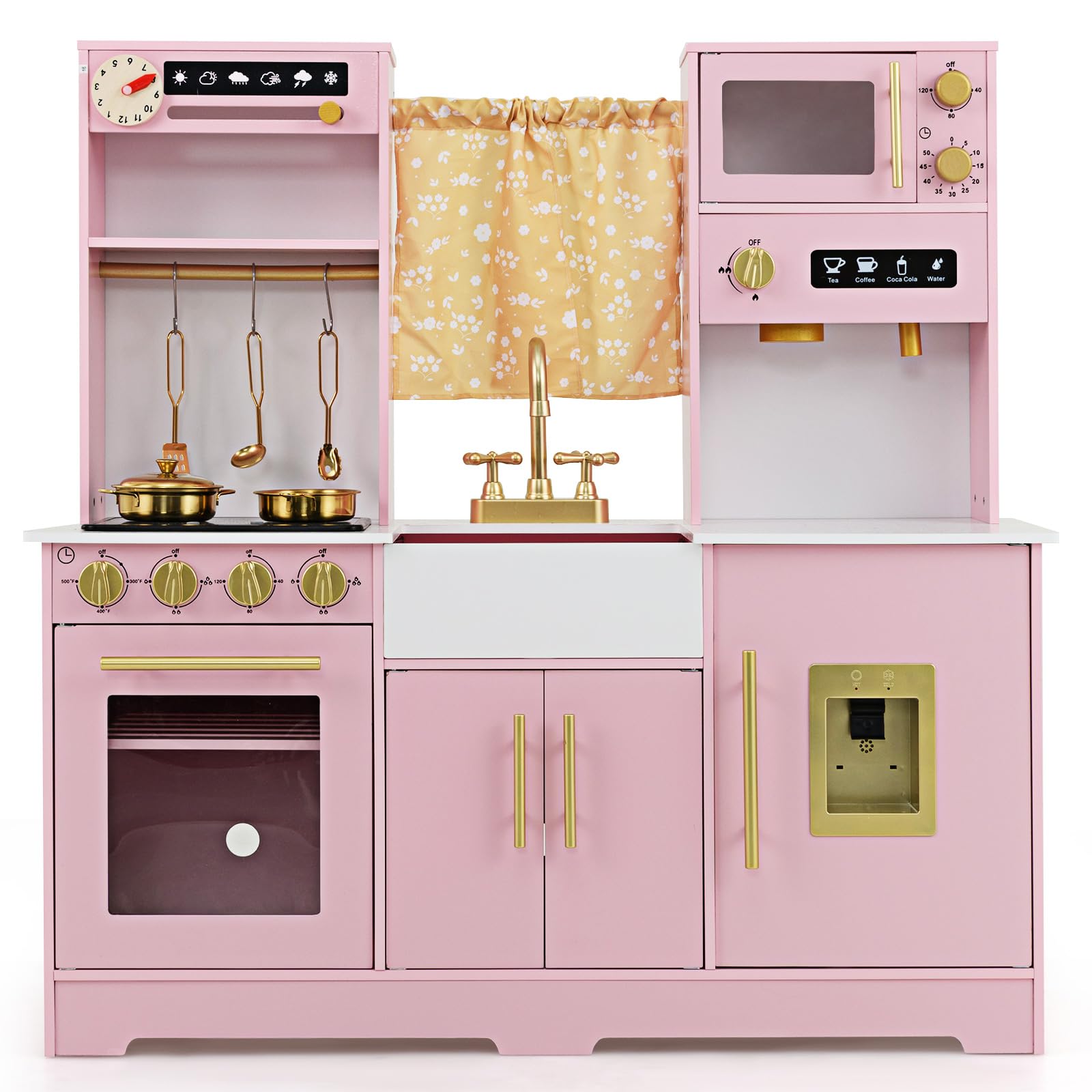 Maxmass Wooden Kids Play Kitchen, Children Toy Kitchen with Sounds & Lights, Coffee Maker, Sink, Water Dispenser, Realistic Oven, Toddler Pretend Role Play Cooking Playset for 3+ Years Old (Pink)