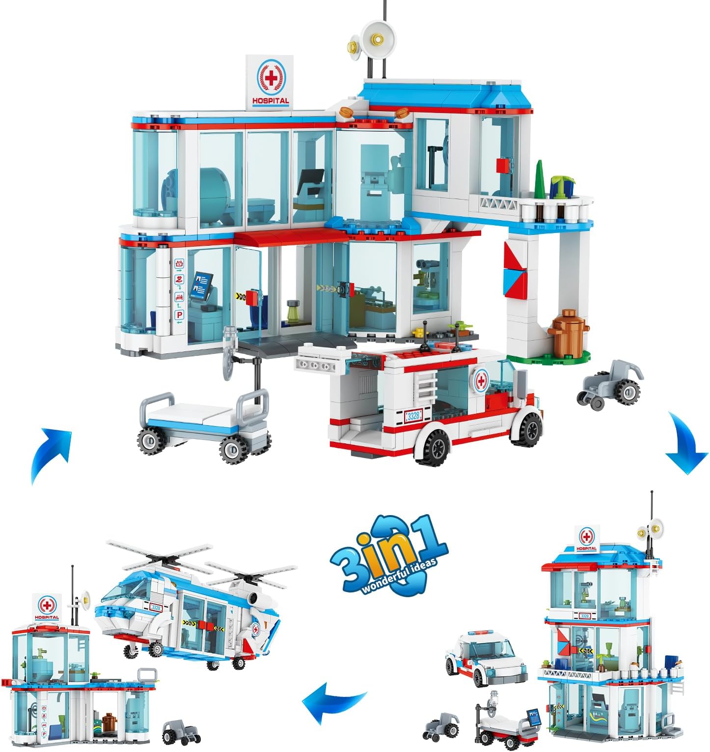 NEWABWN City Hospital STEM 3 in1 Building Sets, Compatible with Lego Ambulance Tor Truck, Rescue Helicopter, Connect to Other City Sets, 687 PCS Best Gift for 6 7 8 9 10 Boys