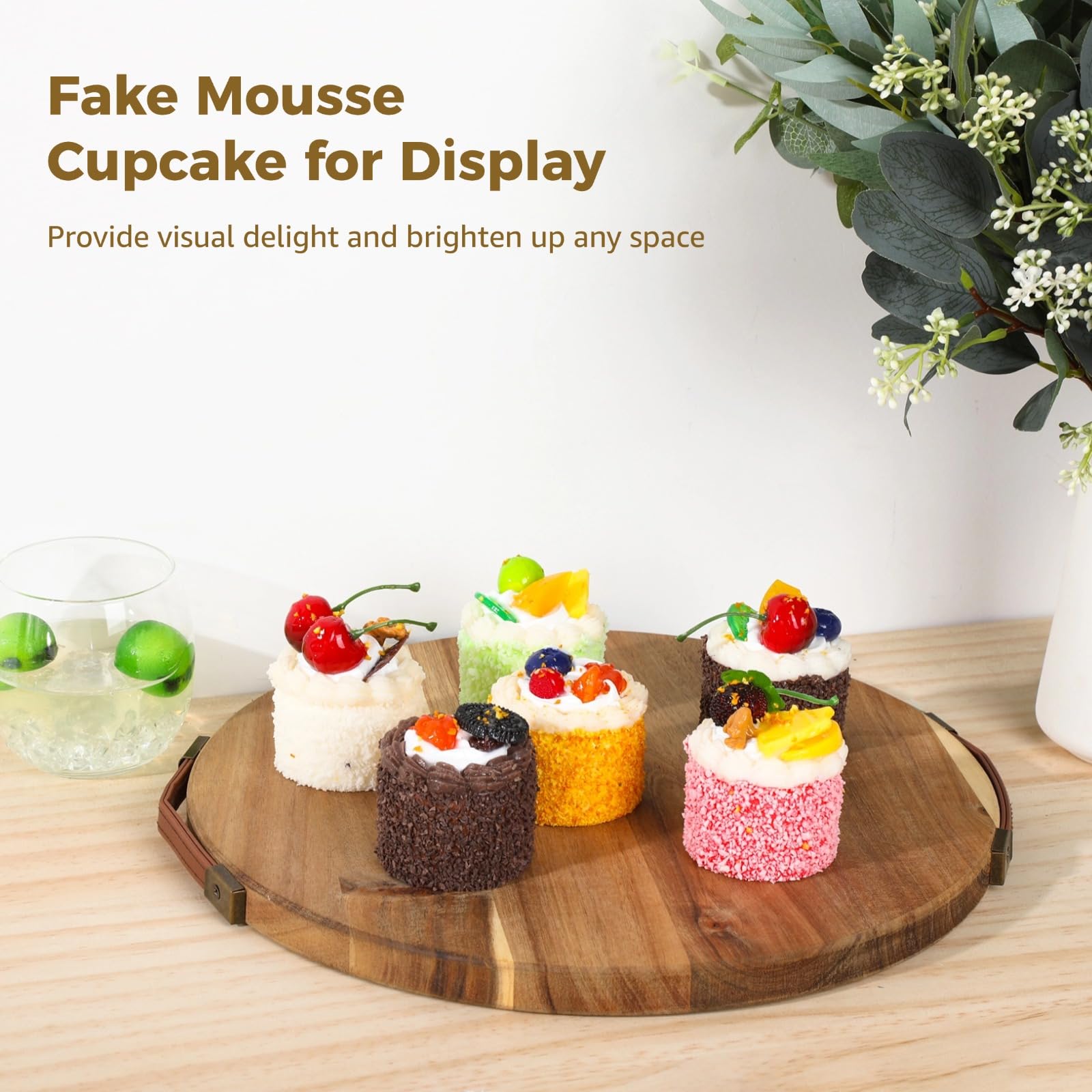 6 cupcake finti in mousse per decorazione e presentazione, modello di torta con decorazione alla frutta, in morbido PU, decorazione per frigorifero e oggetti di scena, per vetrina e tavolo