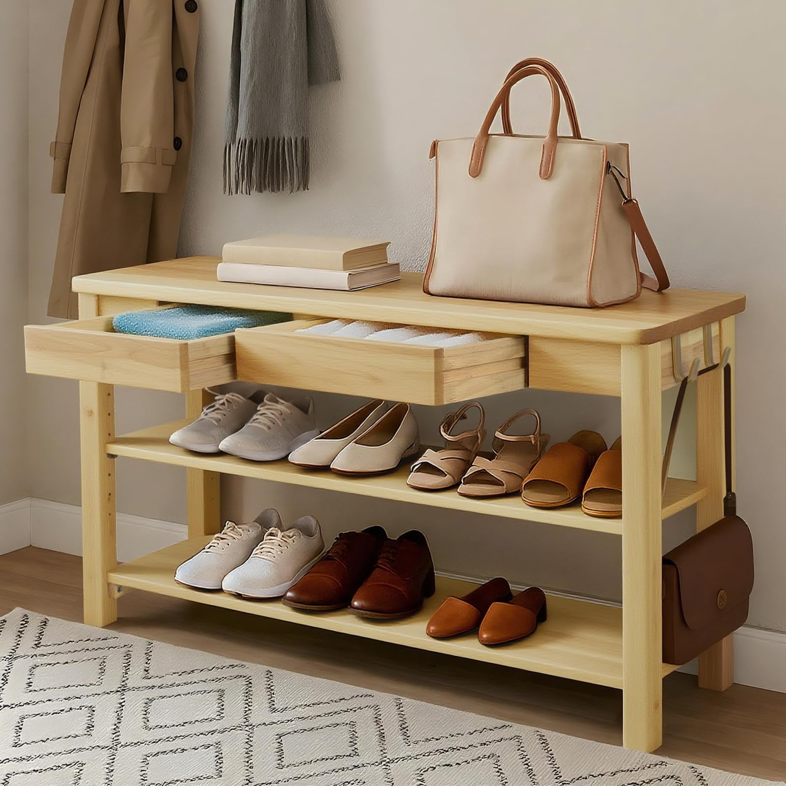 Photo 1 of ***FACTORY SEALED - OPENED FOR INSPECTION*** YuUniqex Wood Shoe Bench Entryway with Drawer: 3-Tiers Wooden Storage Shoe Rack with Bench Seat, Compact Mid-Century Modern Design for Entryway, Hallway,Closet,Front Door Entrance,Foyer Natural 39.3"