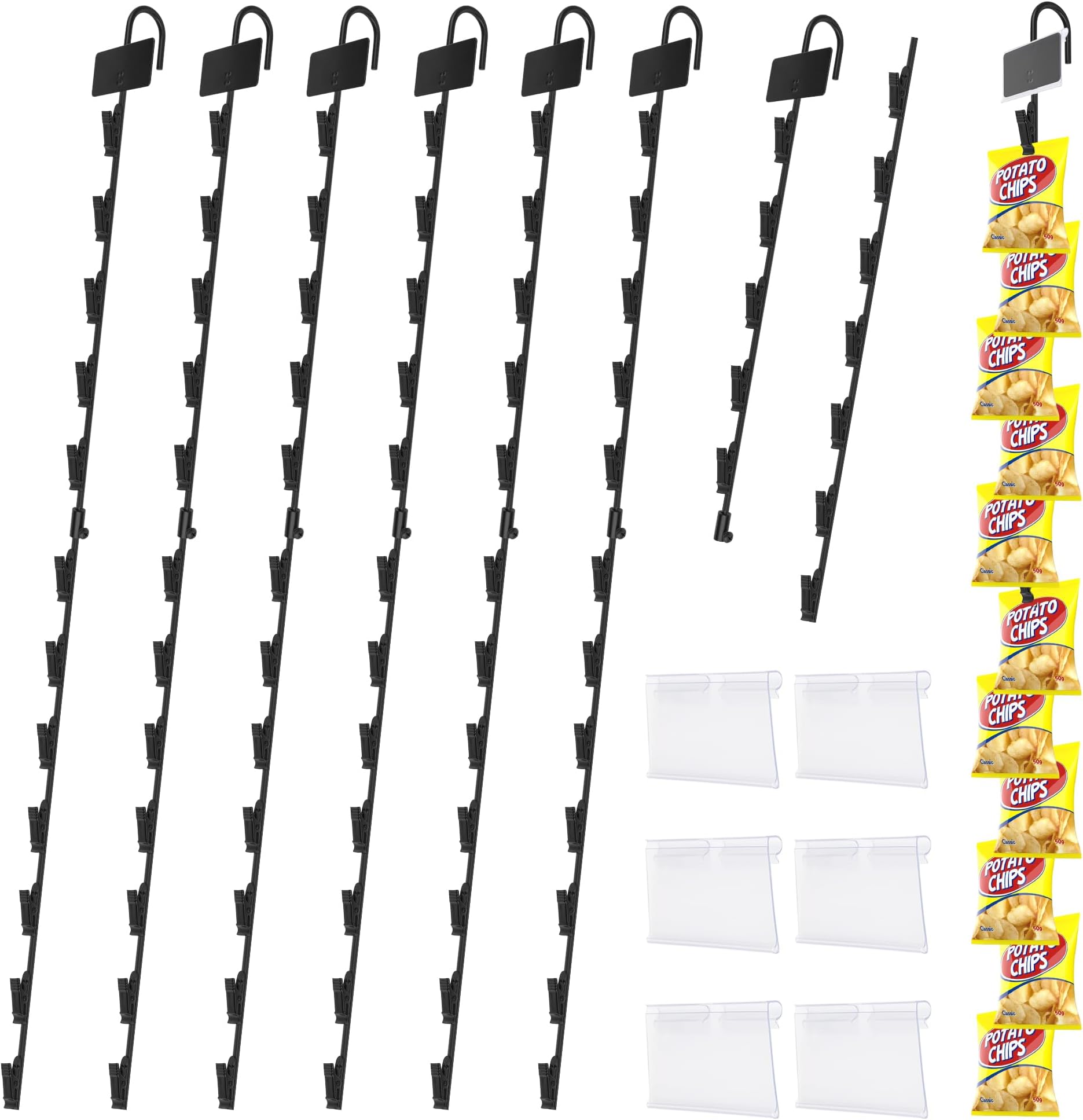 6 Pack Metal Display Merchandising Hanging Strips, 32 inches Retail Metal Strips 72 Clips Rack Display Strips with 6 Head Labels Holder for Clip on Potato Chips Snack1