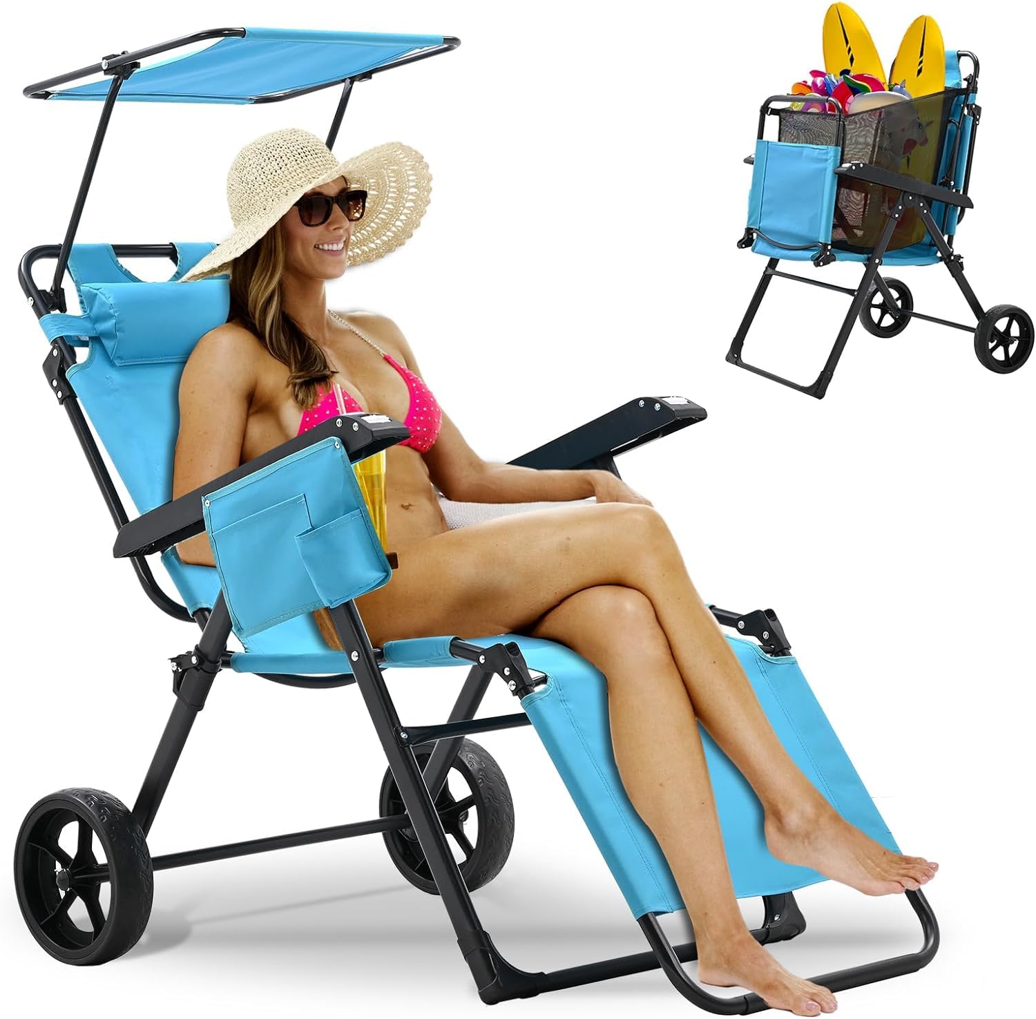 ZIKEBTUY Versátil carrito de silla de playa 2 en 1, tumbona y carrito/carro combinado para playa/campamento/jardín, reclinable plegable de carga de 150 kg con reposacabezas y toldo, carro de 100 l/45