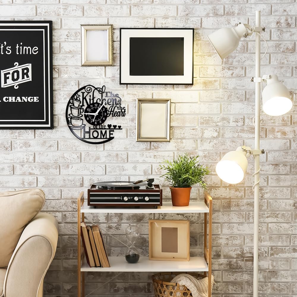 12'' Kitchen Vinyl Record Wall Clock, Kitchen Heart Home Theme Wall Clock Coffee Bar Wall Watch Clock Coffee Wall Decor Battery Operated Silent Movement for Women Wife Restaurant Dining Room