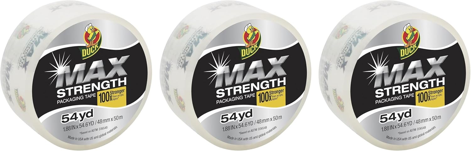 Duck Max Strength Clear Packaging Tape, Maximum Strength Heavy Duty Packing Tape for Shipping & Moving, 1.88 in. x 54.6 Yd. Roll, 3 Rolls Each with Dispenser (284982)