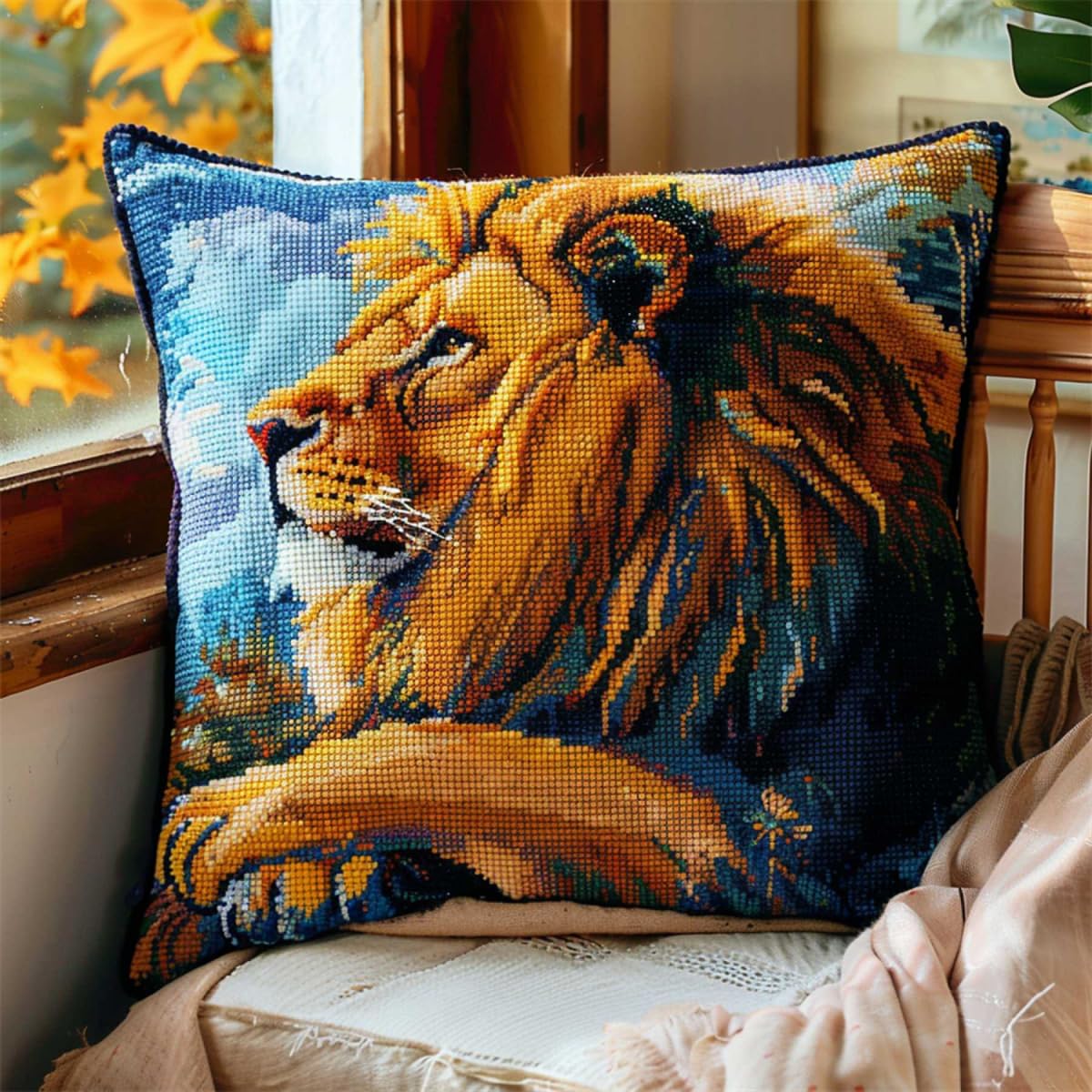RKFLGEW DIY Latch Hook Kits Colorful Lion Latch Hook Cushion Kits Fantasy Animals DIY Latch Hook Cushion Throw Pillow Mat Embroidery Craft Kits for Beginner with Printed Pattern Home Decor 43x43cm