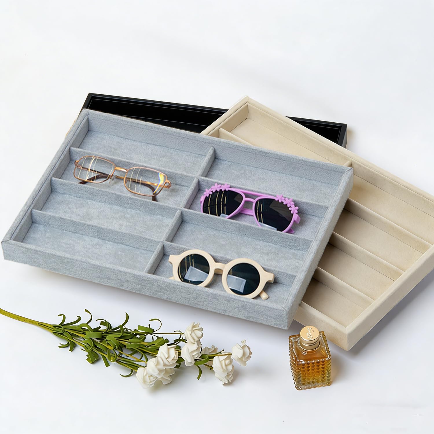 Lansls Organizador De Gafas 8 Rejillas, Bandeja De Exhibición En Terciopelo, Caja Apilable y Versátil Para Gafas De Sol, Relojes y Joyas, Ideal Para Hombres y Mujeres (Gris) — view 5