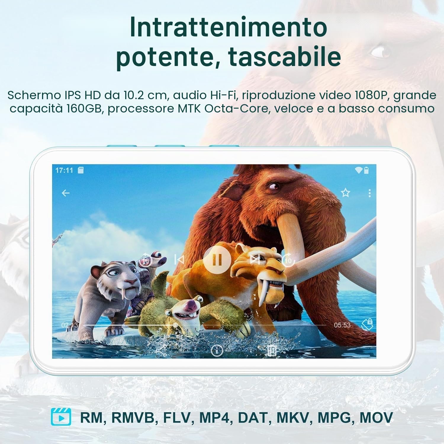 SWOFY 160GB Lettore MP3 con Bluetooth e WiFi, D08 Lettore Android 13, Touchscreen da 4 Pollici, Bluetooth, WiFi, Supporta Spotify, Audible, Play Store e Radio FM, Espansione fino a 1TB