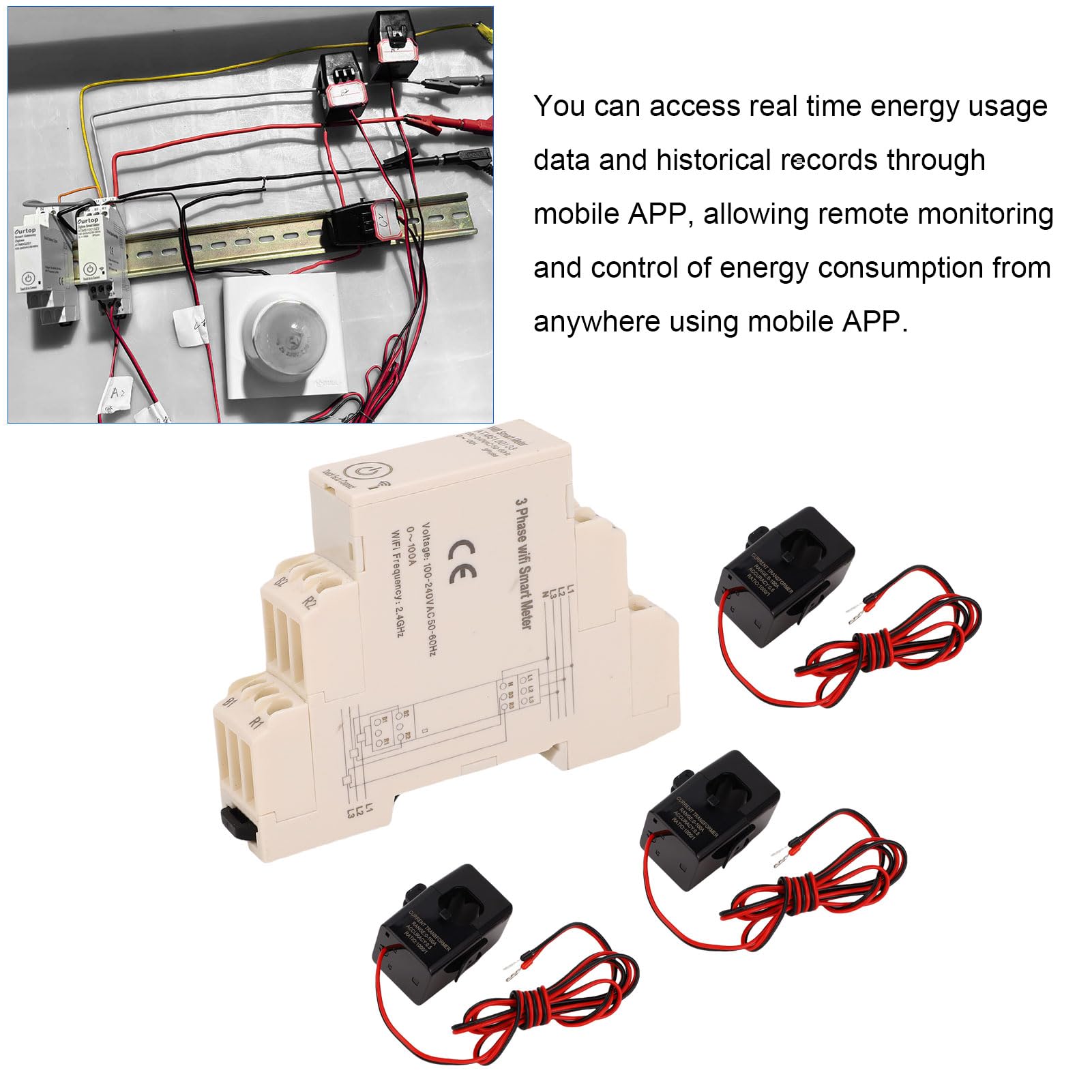 CHICIRIS Monitor de Energía WiFi Inteligente, Medidor de Potencia de Carril DIN Trifásico 0-100A con Sensores de Corriente de 3 Piezas, para Control de Aplicaciones en Tiempo Real de