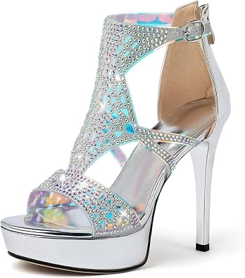 Eldof High Heeled Sandals for Women, Open Toe Strappy Platform Sandals, Cutout Gladiator Heels with Rinestones, Pumps Shoes for Dress Party Evening Summer