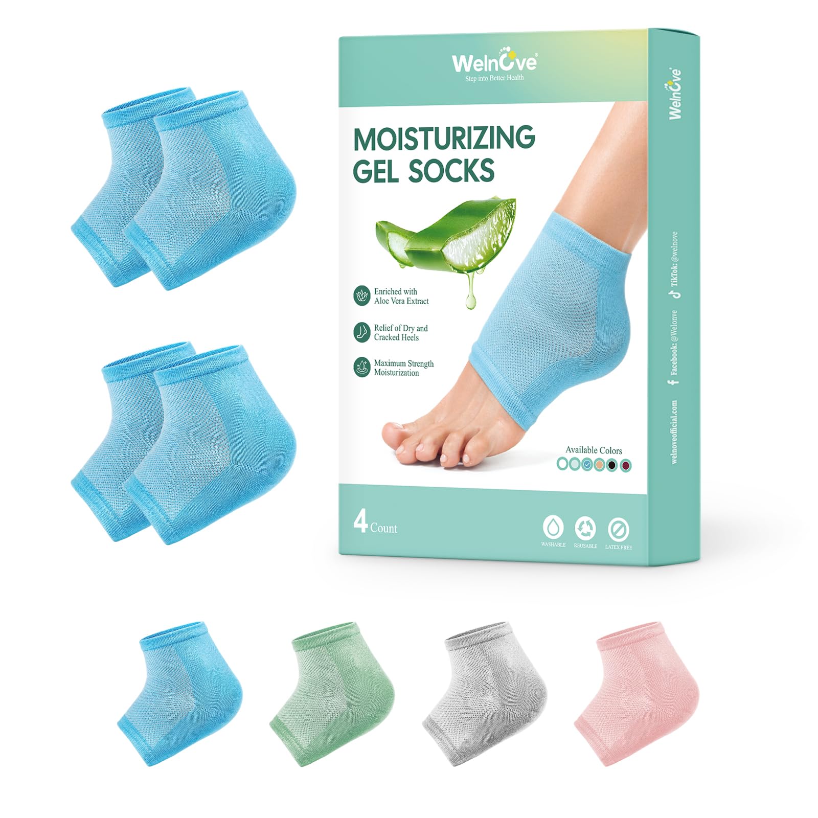 Welnove Lot de 2 paires de chaussettes hydratantes à talon Extrait d'aloe vera Doublure en gel pour pieds secs Traitement de réparation du talon fissuré