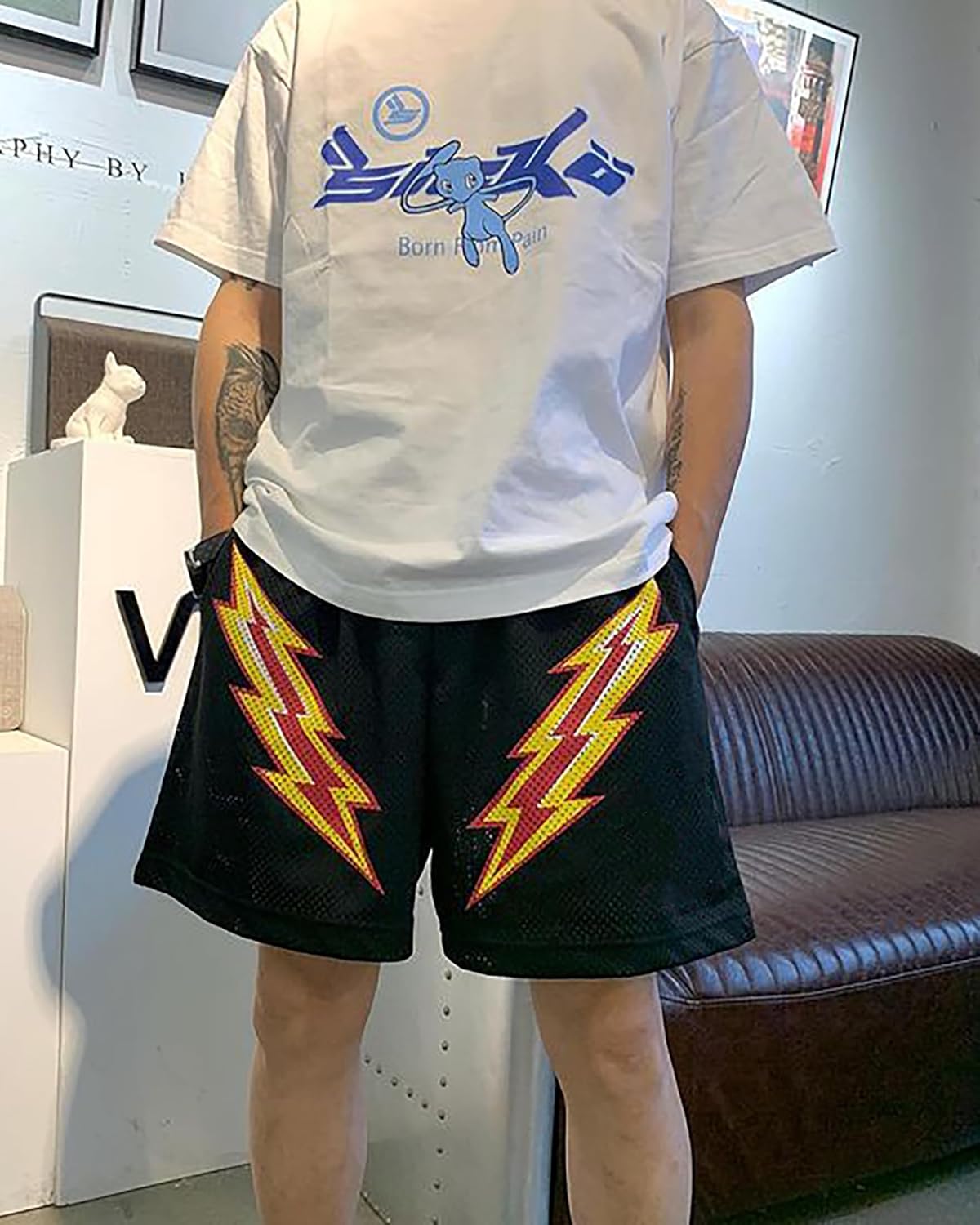 DIOTSR Mens Retro Lightning Graphic Shorts Casual Streetwear Basketball Shorts Athletic Running Shorts with Pockets