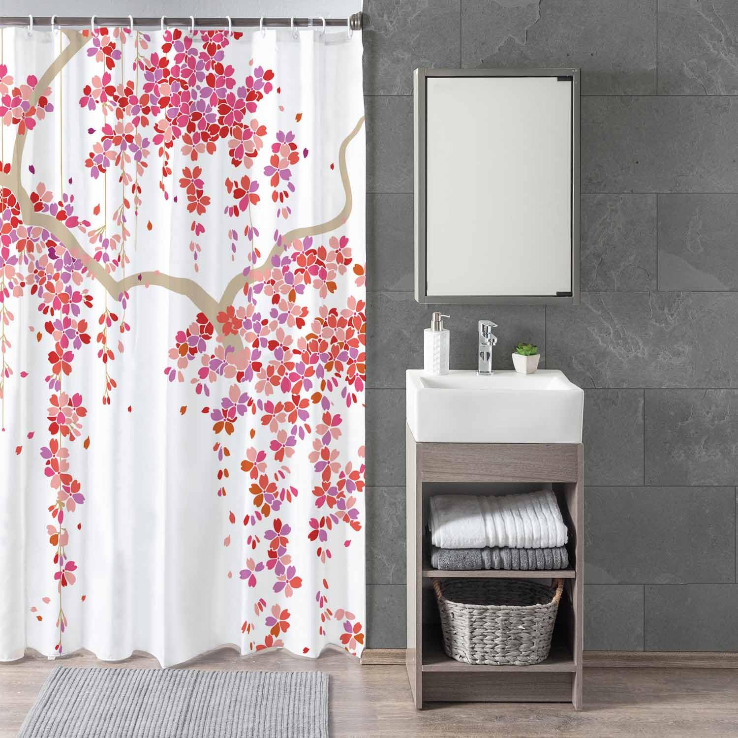 Woutay Shower Curtain Water Repellant Fabric Red Flower Tree,Mould Proof Resistant,Polyester,with 12 Plastic Hooks - Image 3