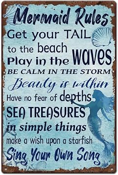 SUPERDANT Mermaid Rules Metal Tin Signs Mermaid Quotes Retro Metal Poster Vintage Wall Art Decor Tin Signs for Home Living Room Bedroom Cafes Bars Pub Man Cave Wall Decor Plaque Sign Gifts