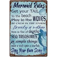 SUPERDANT Mermaid Rules Metal Tin Signs Mermaid Quotes Retro Metal Poster Vintage Wall Art Decor Tin Signs for Home Living Room Bedroom Cafes Bars Pub Man Cave Wall Decor Plaque Sign Gifts
