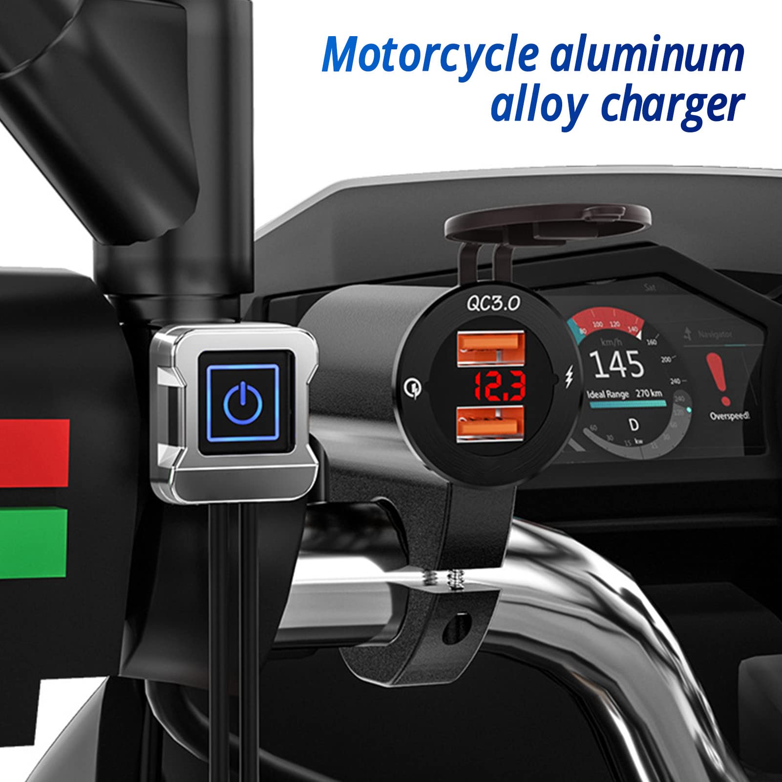 Cargador USB Dual para Motocicleta y Vehículo Eléctrico con Pantalla Digital para Teléfonos Móviles Instalación de Aleación de Aluminio de 2,2 Cm
