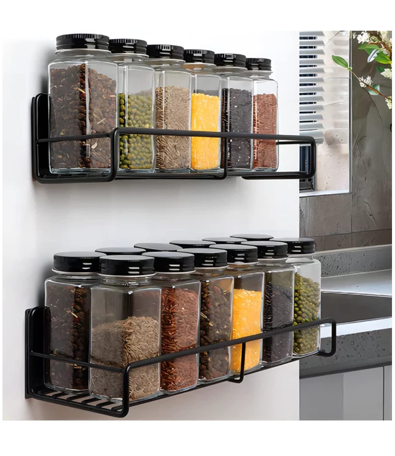 KNWOBL Spice Rack Organizer - Magnetic Spice Racks for Refrigerator Microwave Ovens - Kitchen Organization Shelf Rack-Space Saver-Metal Shelf - 2 Pack（Black）